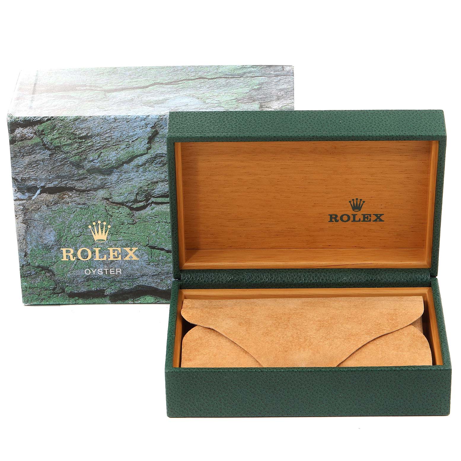 The image shows an open green Rolex Date 15200 Men's Stainless Steel Silver Dial 15200 Men's Stainless Steel Silver Dial model box with a tan leather watch sleeve inside.