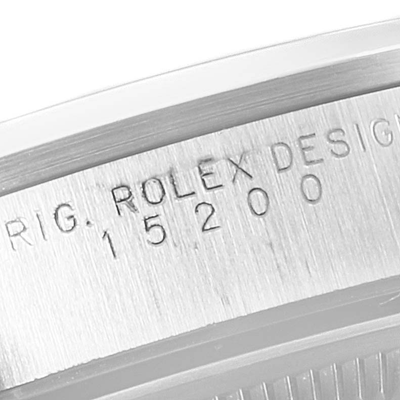 This close-up image shows the model number engraved on the case of a Rolex Date 15200 Men's Stainless Steel Silver Dial 15200 Men's Stainless Steel Silver Dial watch.