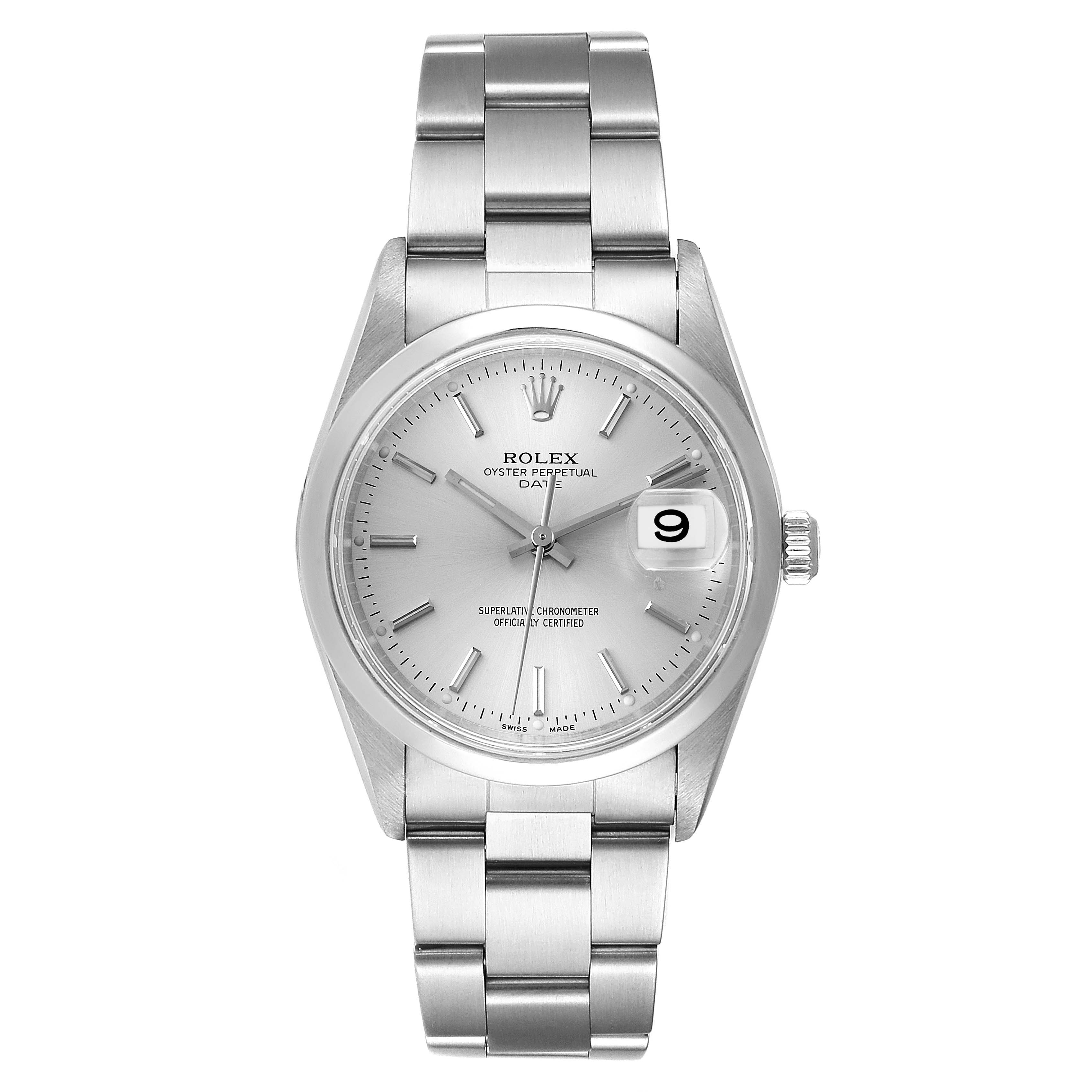 The image shows a front view of the Rolex Date 15200 Men's Stainless Steel Silver Dial 15200 Men's Stainless Steel Silver Dial model watch, highlighting its dial, date window, and stainless steel bracelet.