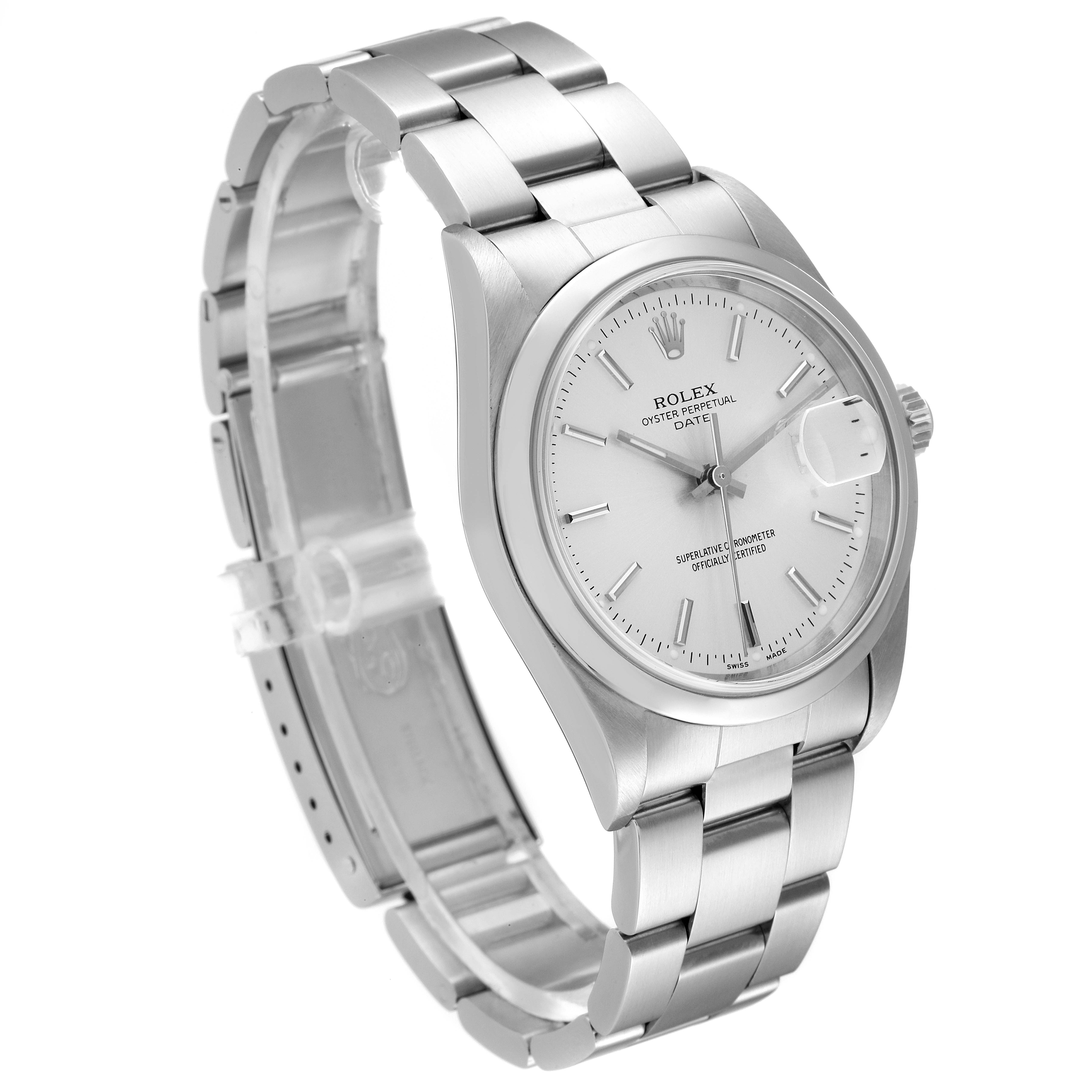 The image shows a side angle of a Rolex Date 15200 Men's Stainless Steel Silver Dial 15200 Men's Stainless Steel Silver Dial model watch, highlighting its band, face, and date magnifier.