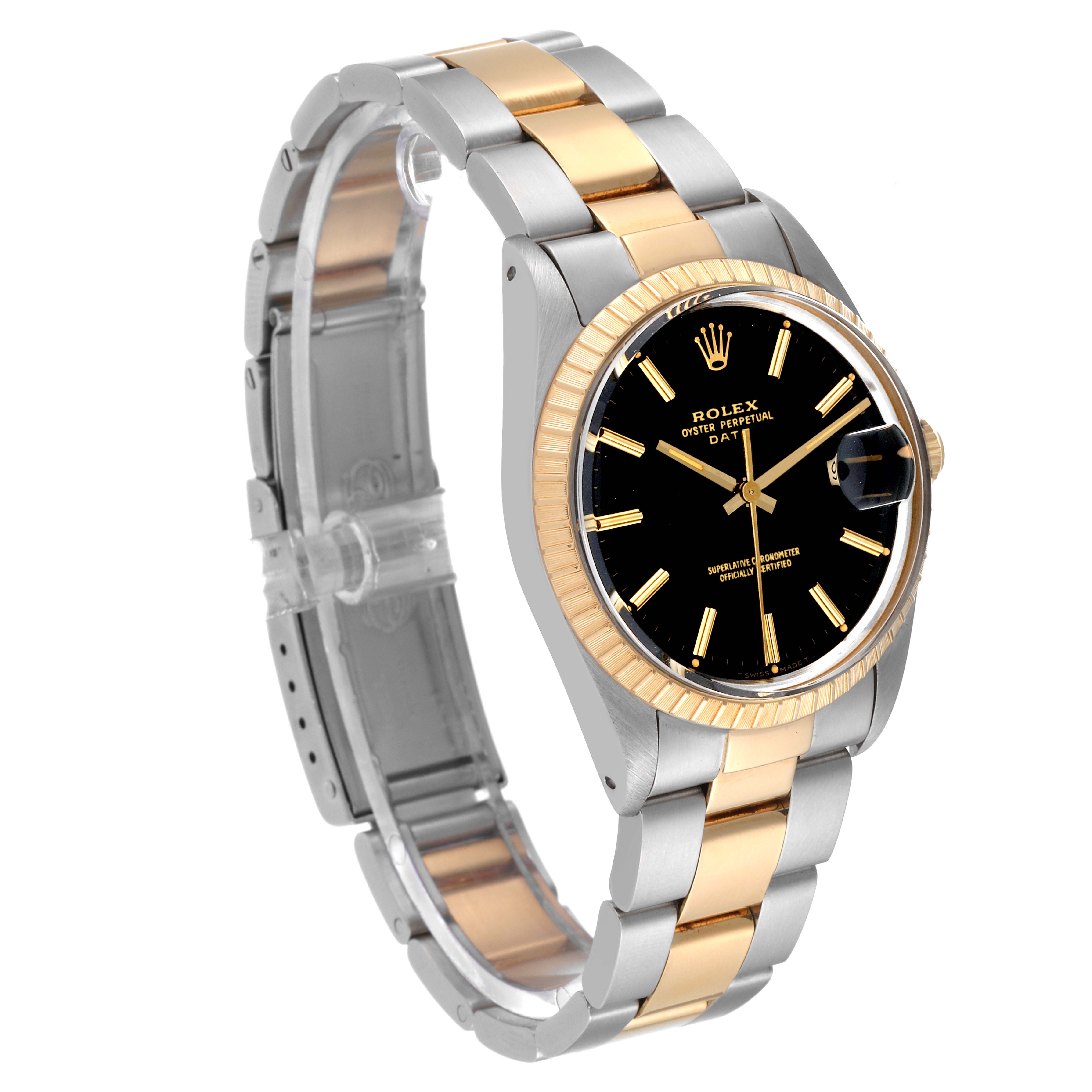 The image shows a Rolex Date 15053 Men's Steel and Gold (two tone) Black Dial 15053 Men's Steel and Gold (two tone) Black Dial model watch at a front diagonal angle, highlighting its two-tone bracelet, black dial, and date indicator.
