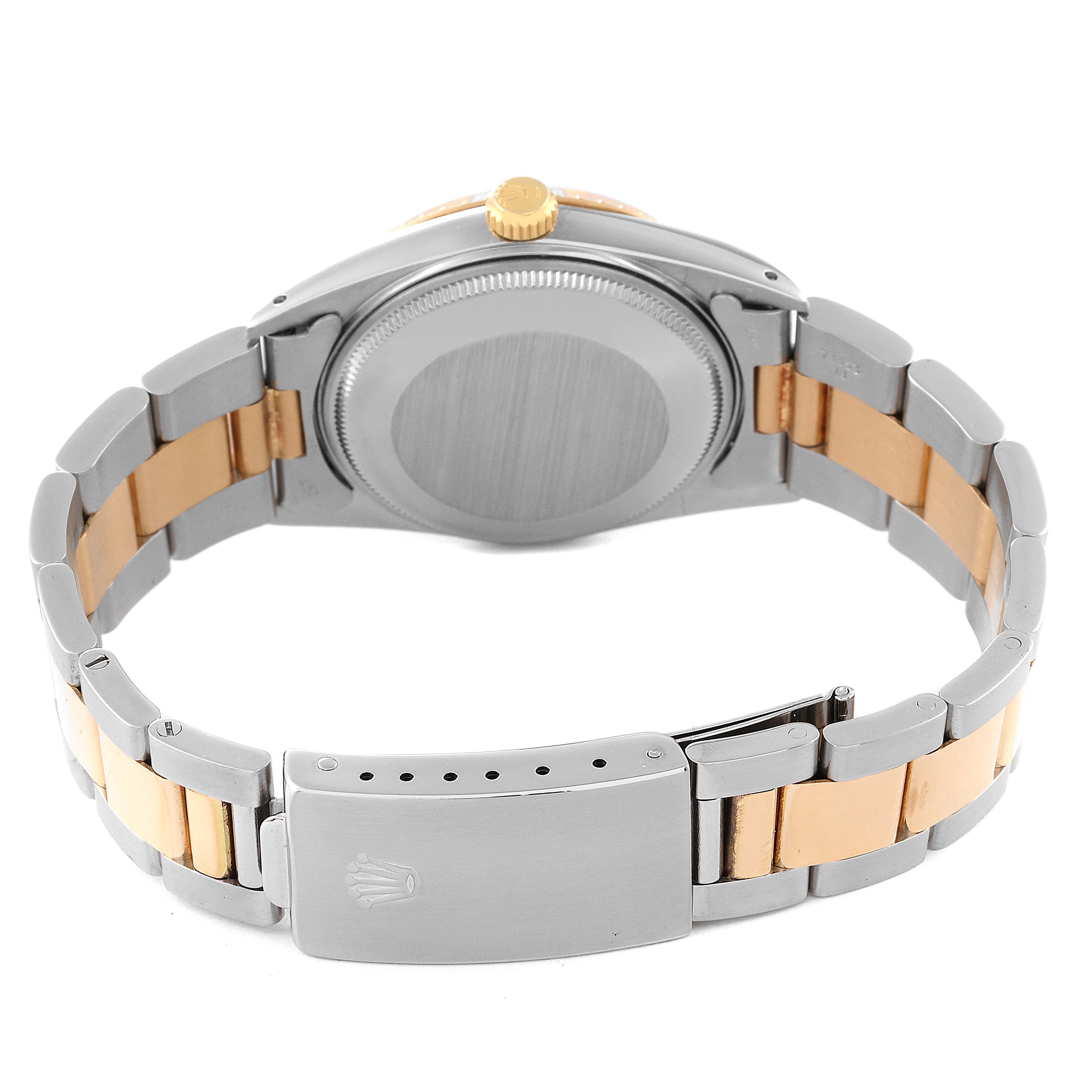 The image shows the back of a Rolex Date 15053 Men's Steel and Gold (two tone) Black Dial 15053 Men's Steel and Gold (two tone) Black Dial model watch, highlighting its case back, bracelet, and clasp.