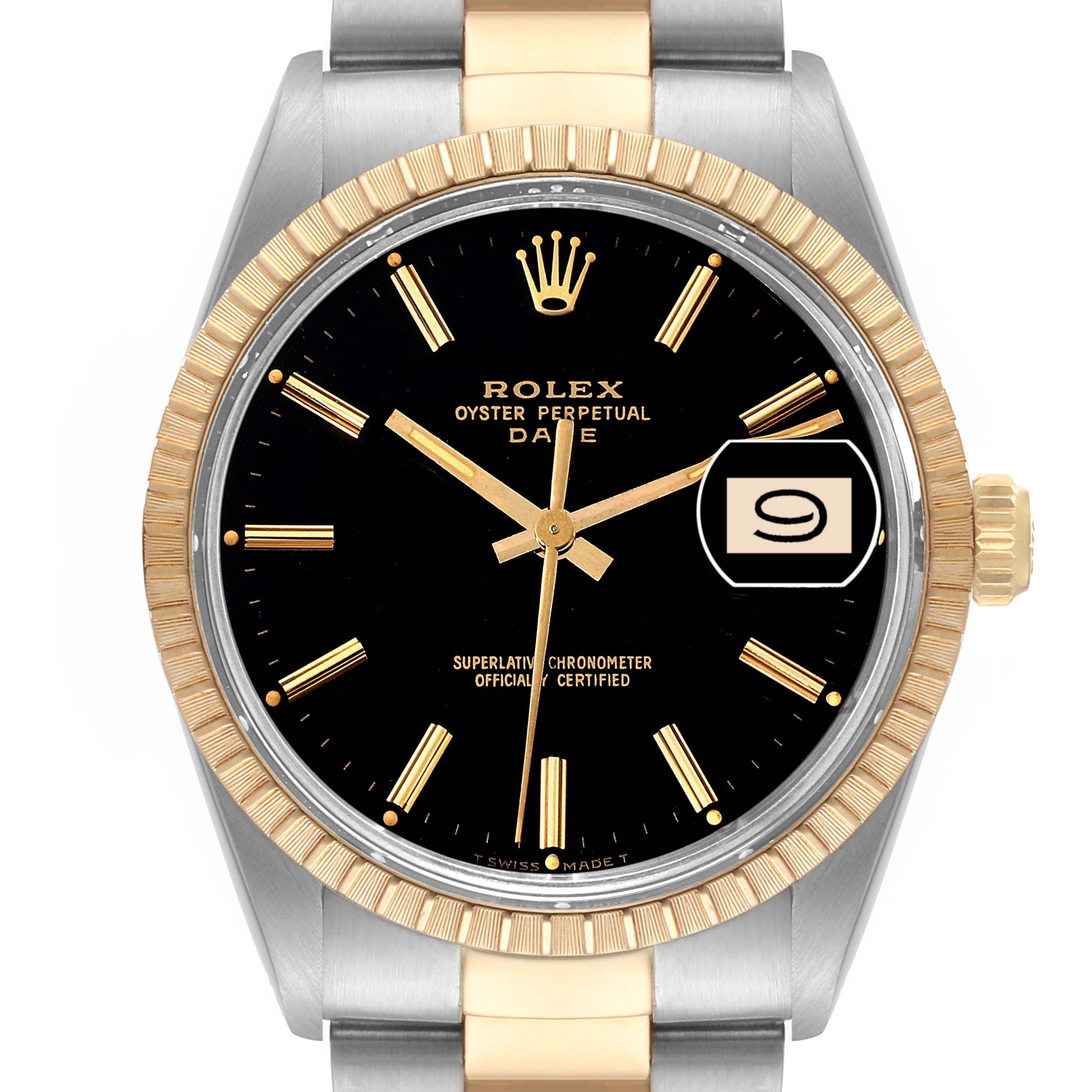 This image shows a frontal view of the Rolex Oyster Perpetual Date watch, highlighting the dial, bezel, and part of the bracelet.