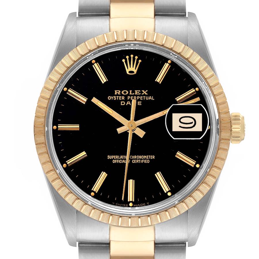 Rolex Date Steel Yellow Gold Engine Turned Bezel Black Dial Mens Watch 15053 SwissWatchExpo