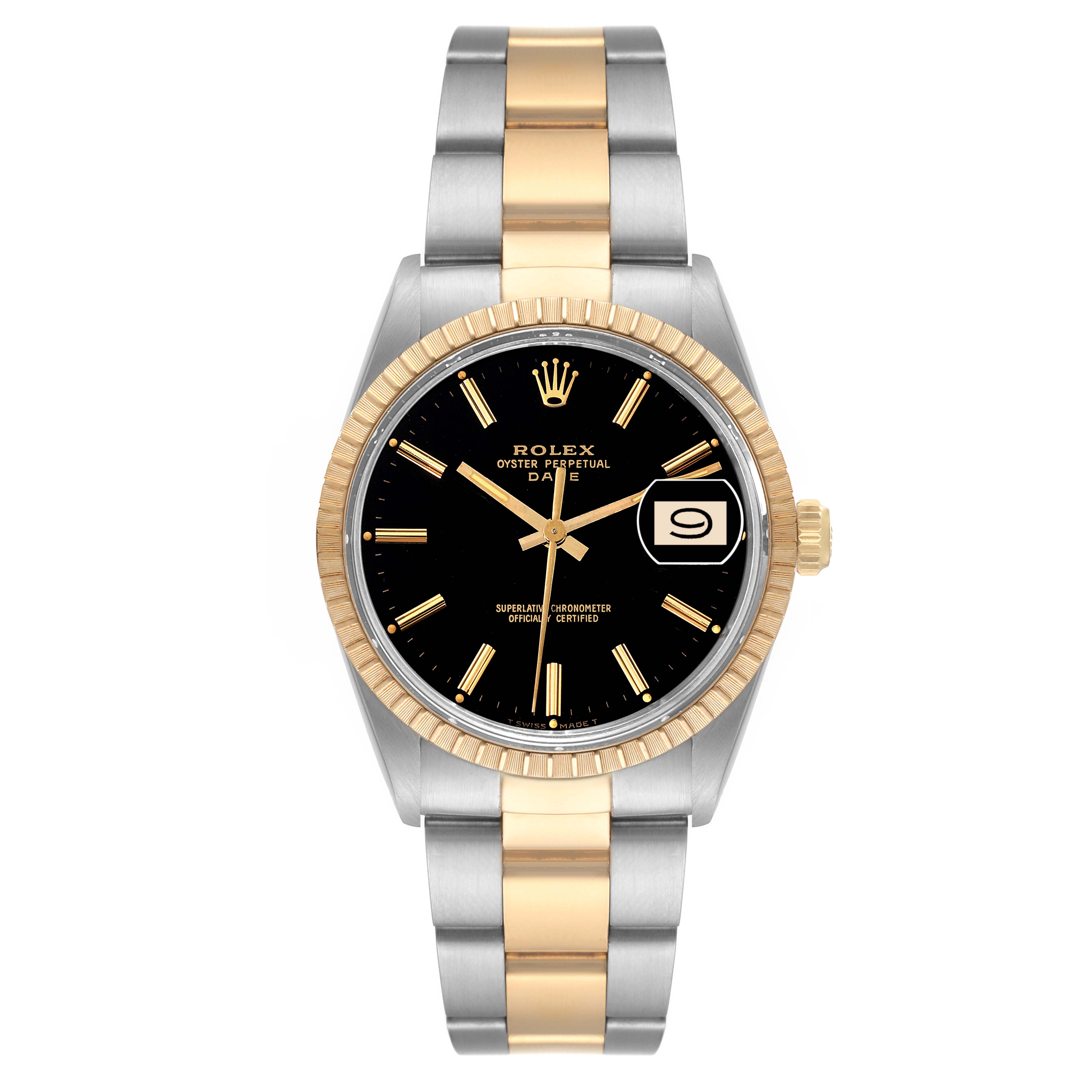 The Rolex Date 15053 Men's Steel and Gold (two tone) Black Dial 15053 Men's Steel and Gold (two tone) Black Dial model watch is shown from a front angle, displaying the face, bezel, crown, and bracelet.