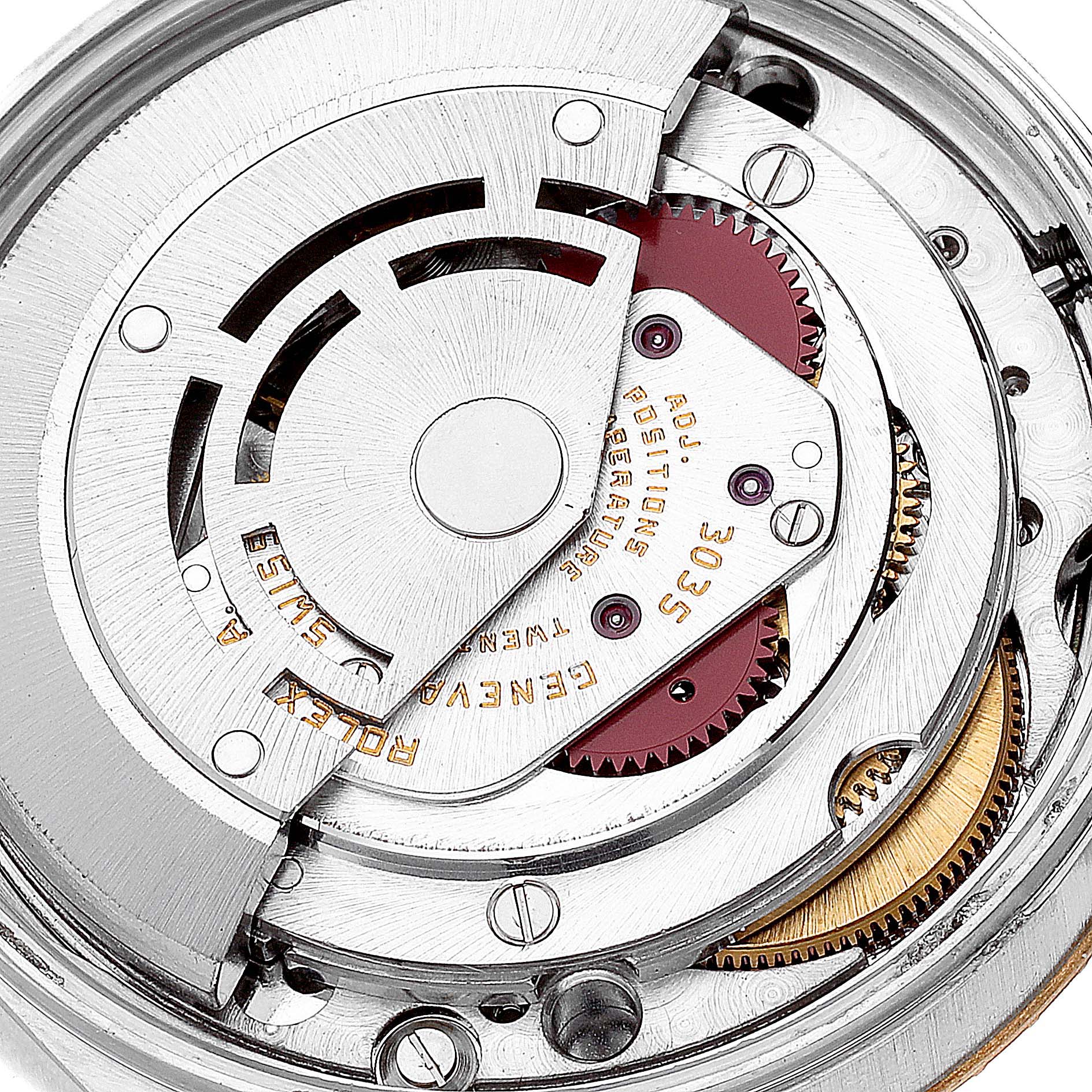 This close-up image shows the internal mechanical movement parts of a Rolex Date 15053 Men's Steel and Gold (two tone) Black Dial 15053 Men's Steel and Gold (two tone) Black Dial model watch.