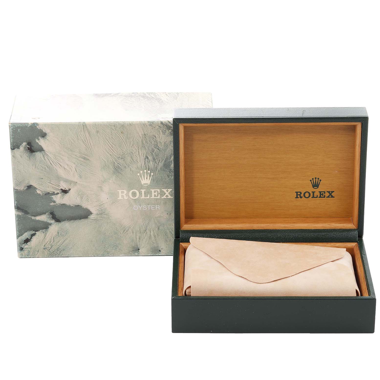 The image shows an open Rolex Date 15053 Men's Steel and Gold (two tone) Black Dial 15053 Men's Steel and Gold (two tone) Black Dial watch box with the outer box in the background.