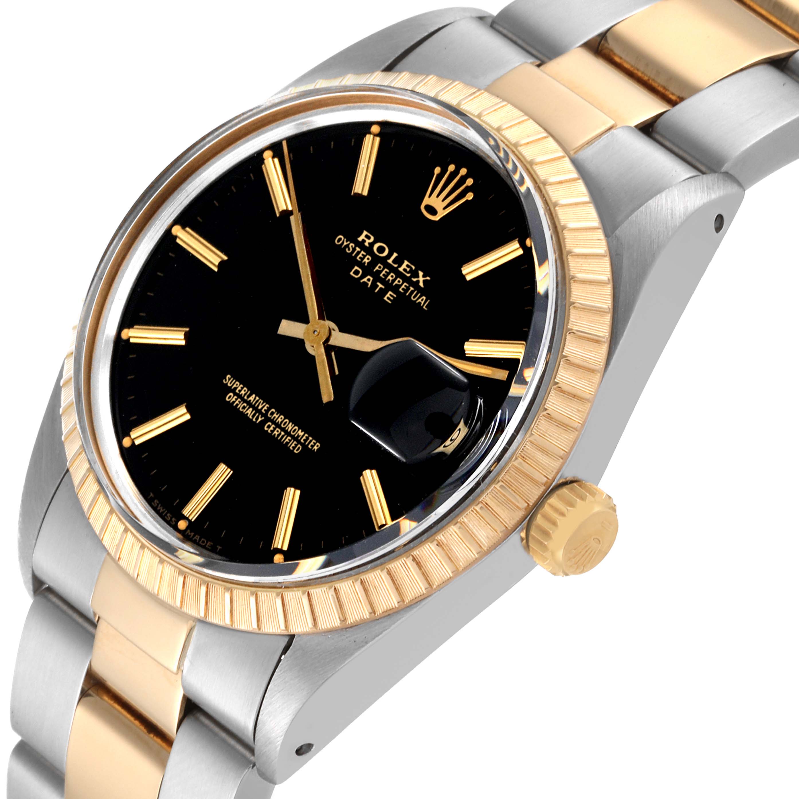 The image shows an angled close-up of a Rolex Date 15053 Men's Steel and Gold (two tone) Black Dial 15053 Men's Steel and Gold (two tone) Black Dial model displaying the dial, bezel, crown, and part of the bracelet.