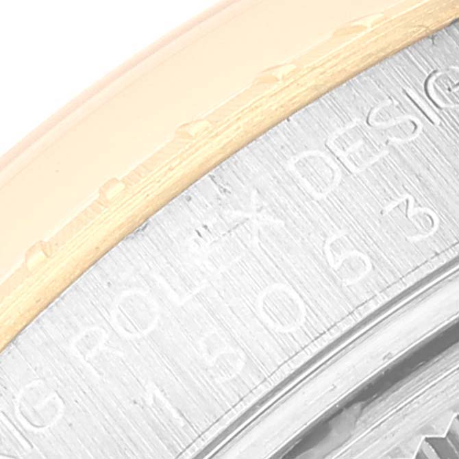 The image shows a close-up of the side of a Rolex Date 15053 Men's Steel and Gold (two tone) Black Dial 15053 Men's Steel and Gold (two tone) Black Dial watch case, highlighting the engraved model details.
