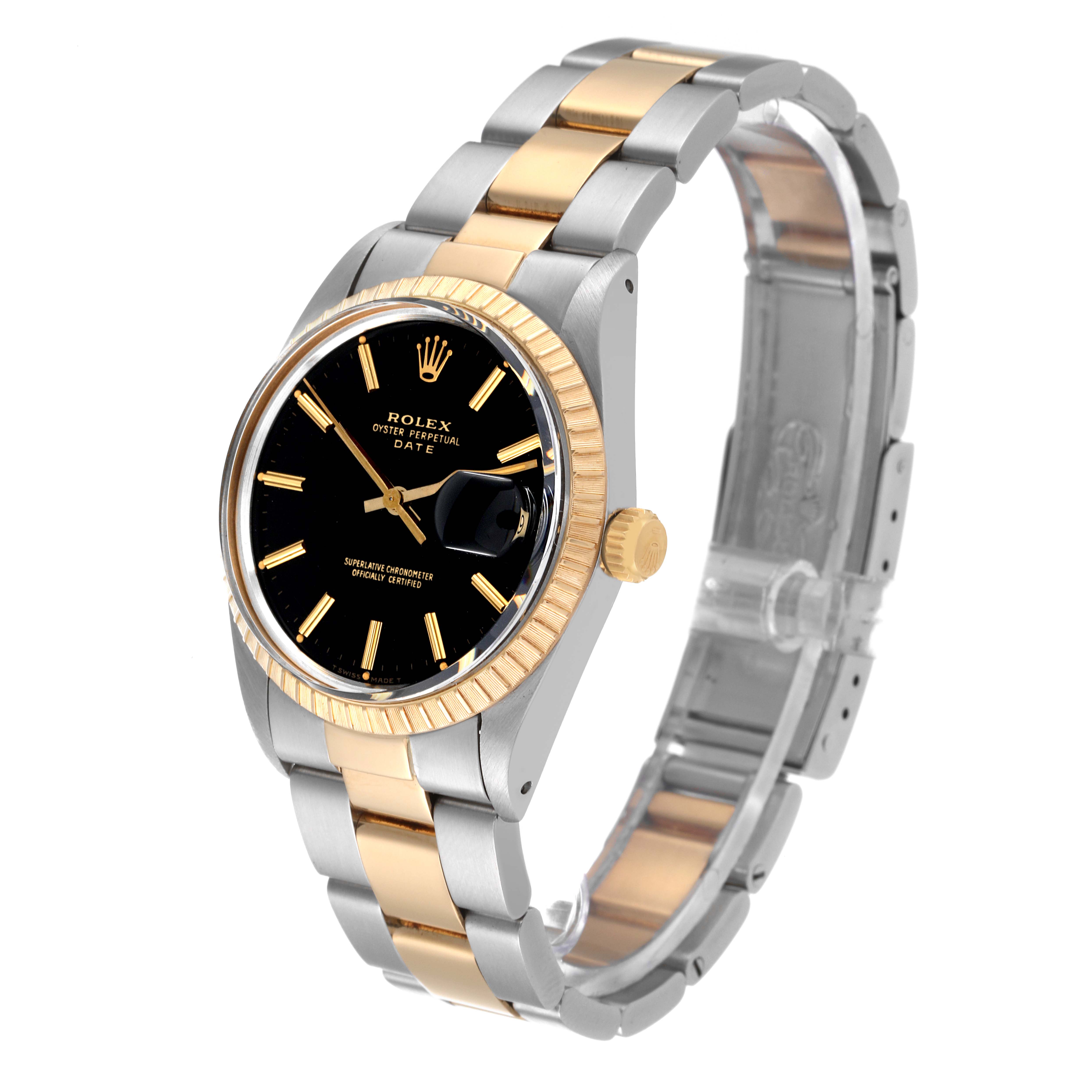 The image shows a side and front view of a Rolex Date 15053 Men's Steel and Gold (two tone) Black Dial 15053 Men's Steel and Gold (two tone) Black Dial model watch featuring a black dial and two-tone bracelet.