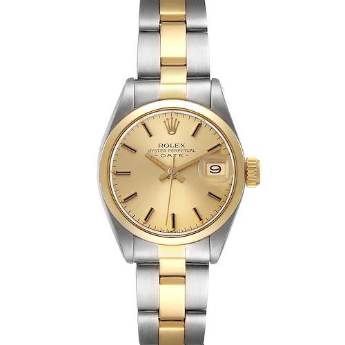 Photo of Rolex Date Steel Yellow Gold Smooth Bezel Champagne Dial Ladies Watch 6916