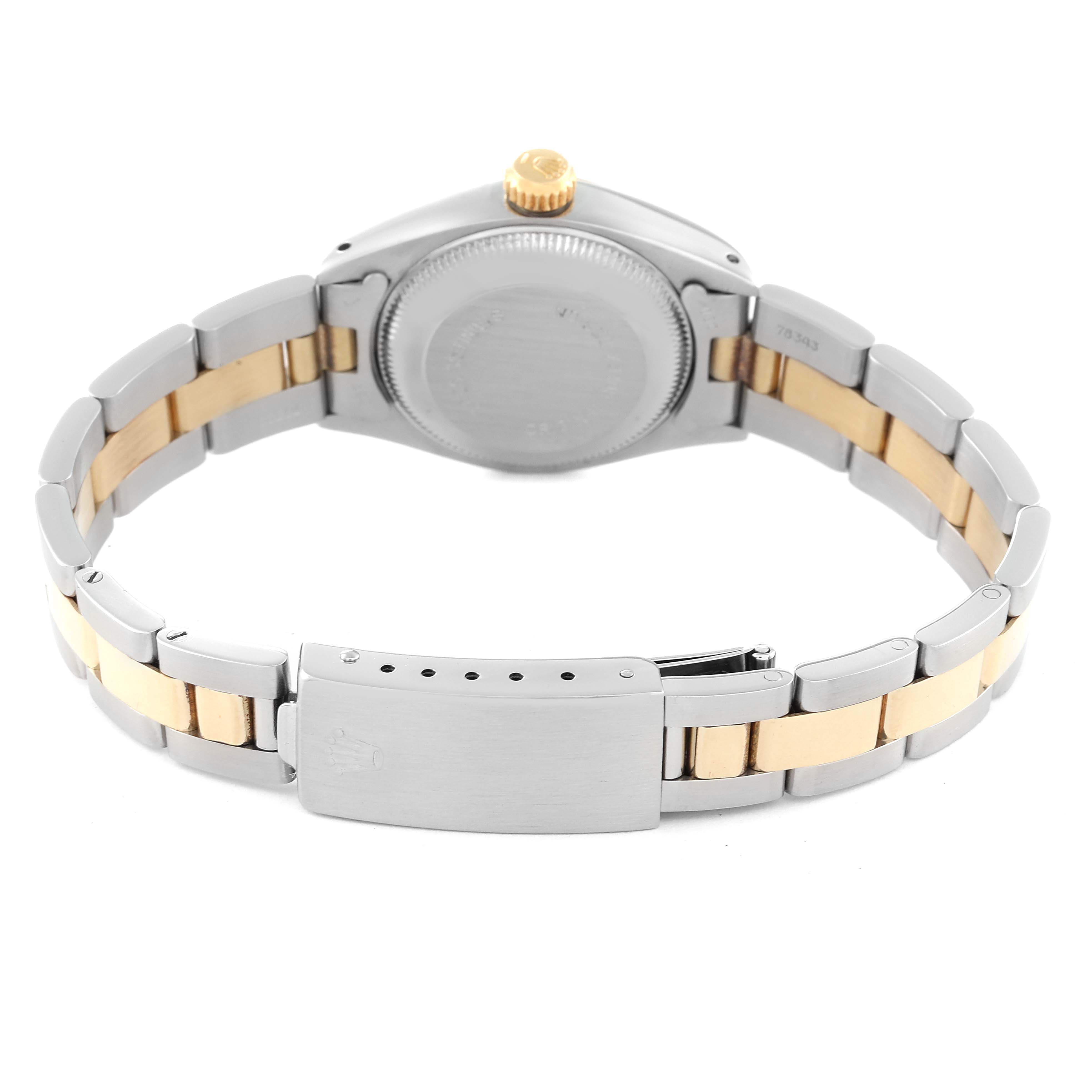 The image shows the back view of a Rolex Date 6916 Women's Steel and Gold (two tone) Champagne Dial 6916 Women's Steel and Gold (two tone) Champagne Dial model watch, featuring the bracelet, clasp, and case back.