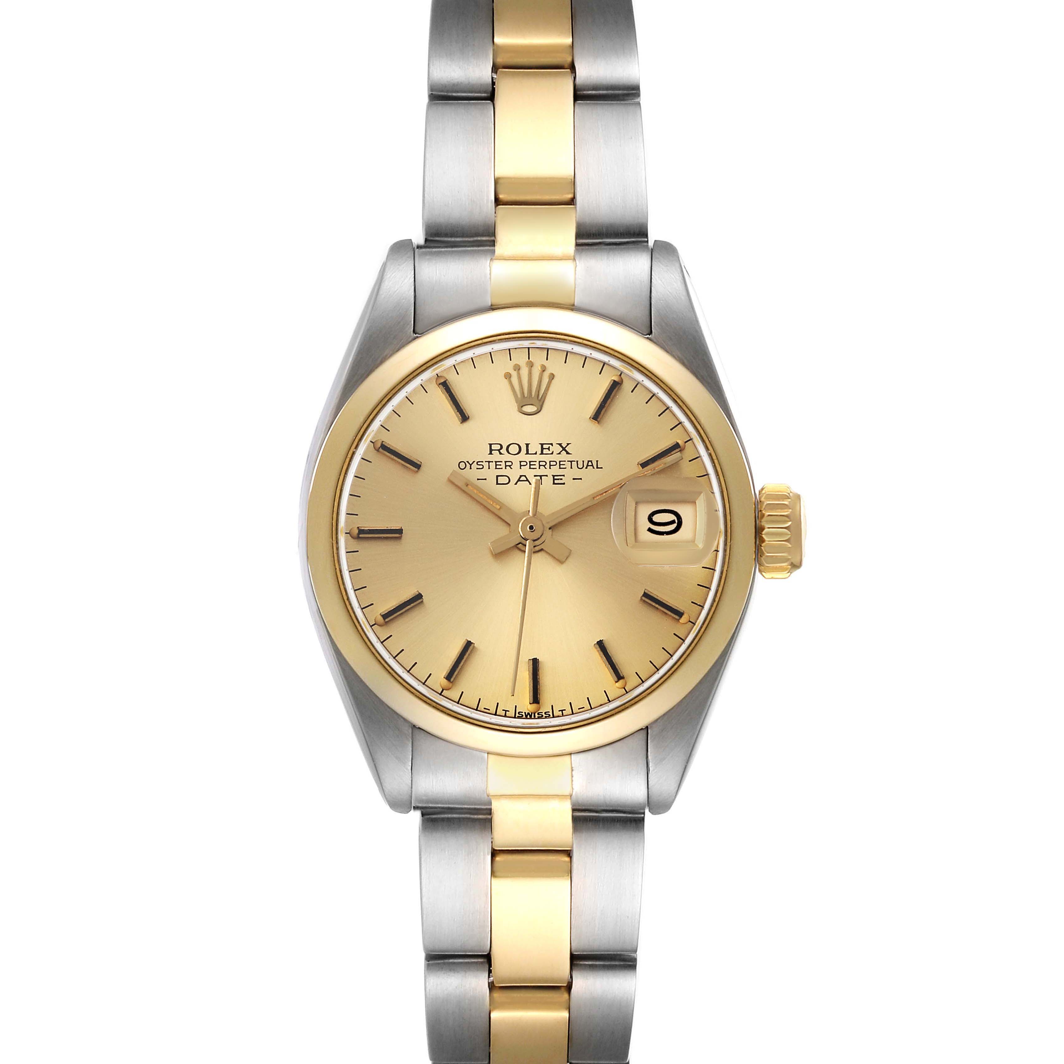 The image shows a front view of a Rolex Date 6916 Women's Steel and Gold (two tone) Champagne Dial 6916 Women's Steel and Gold (two tone) Champagne Dial model watch, highlighting its gold dial, bezel, and two-tone bracelet.