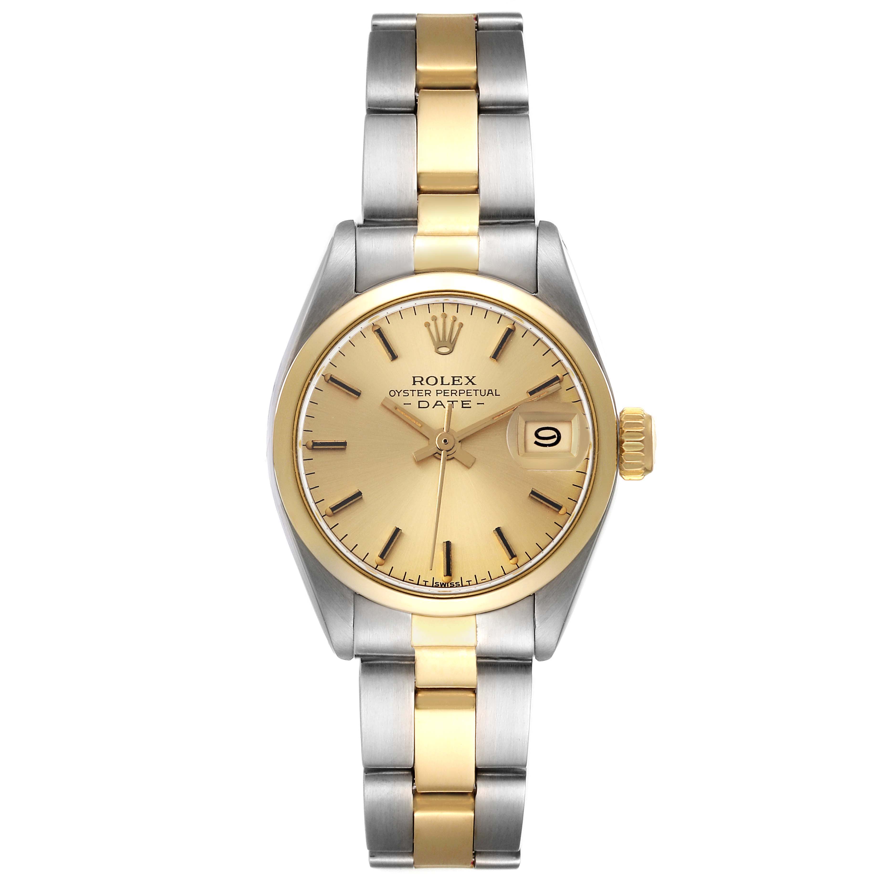 The Rolex Date 6916 Women's Steel and Gold (two tone) Champagne Dial 6916 Women's Steel and Gold (two tone) Champagne Dial watch is shown from a top-down angle, featuring the dial, bracelet, case, and date window.