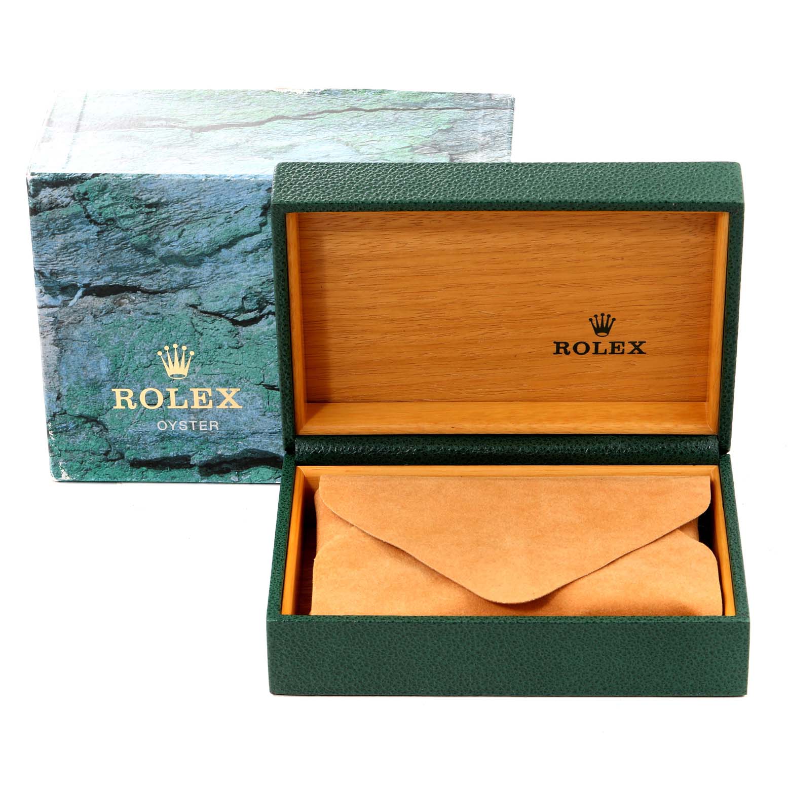 This image shows an open Rolex Date 15200 Men's Stainless Steel White Dial 15200 Men's Stainless Steel White Dial model watch box and its outer packaging from a front angle.