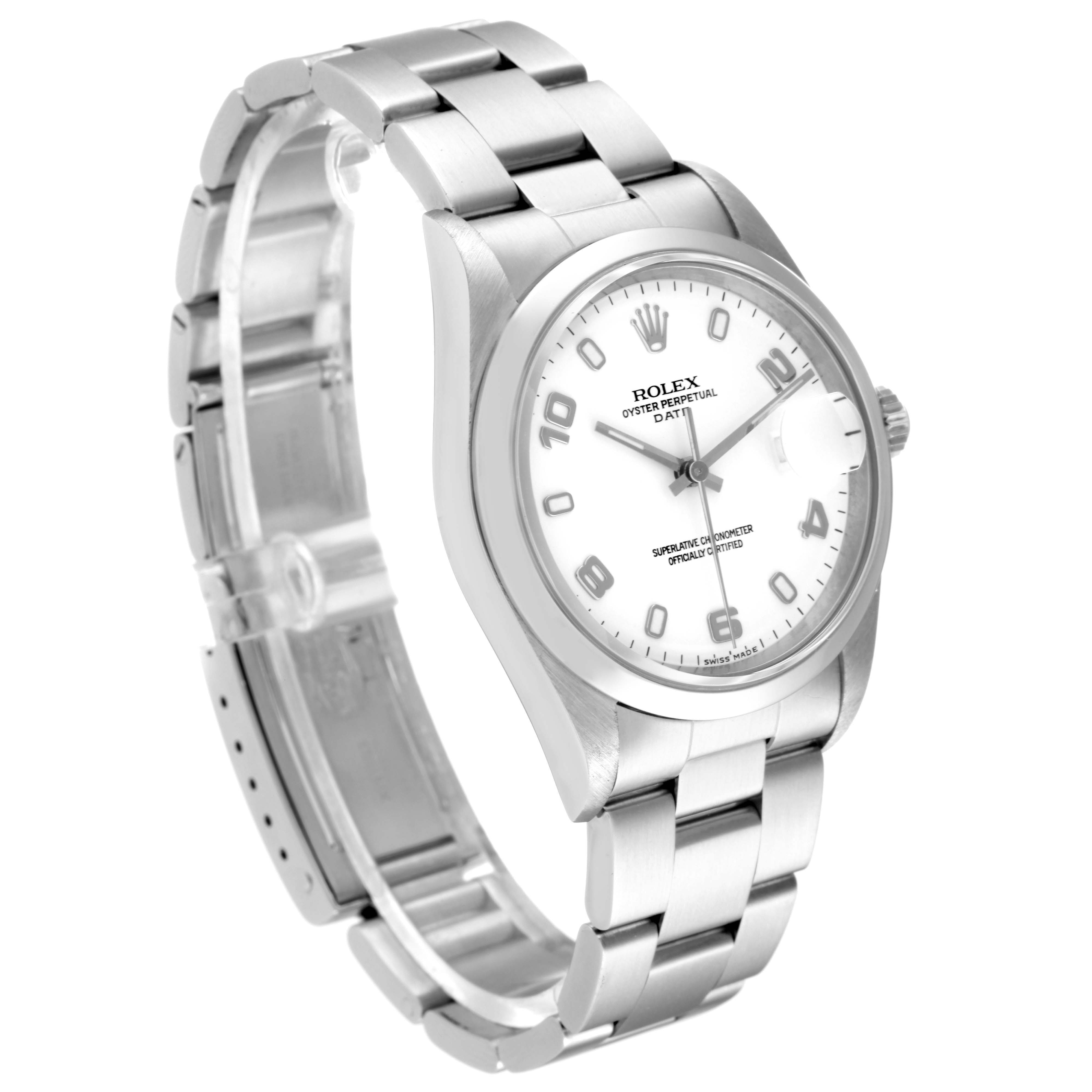 The Rolex Date 15200 Men's Stainless Steel White Dial 15200 Men's Stainless Steel White Dial model watch is shown at an angle with its face, case, and metal bracelet clearly visible.