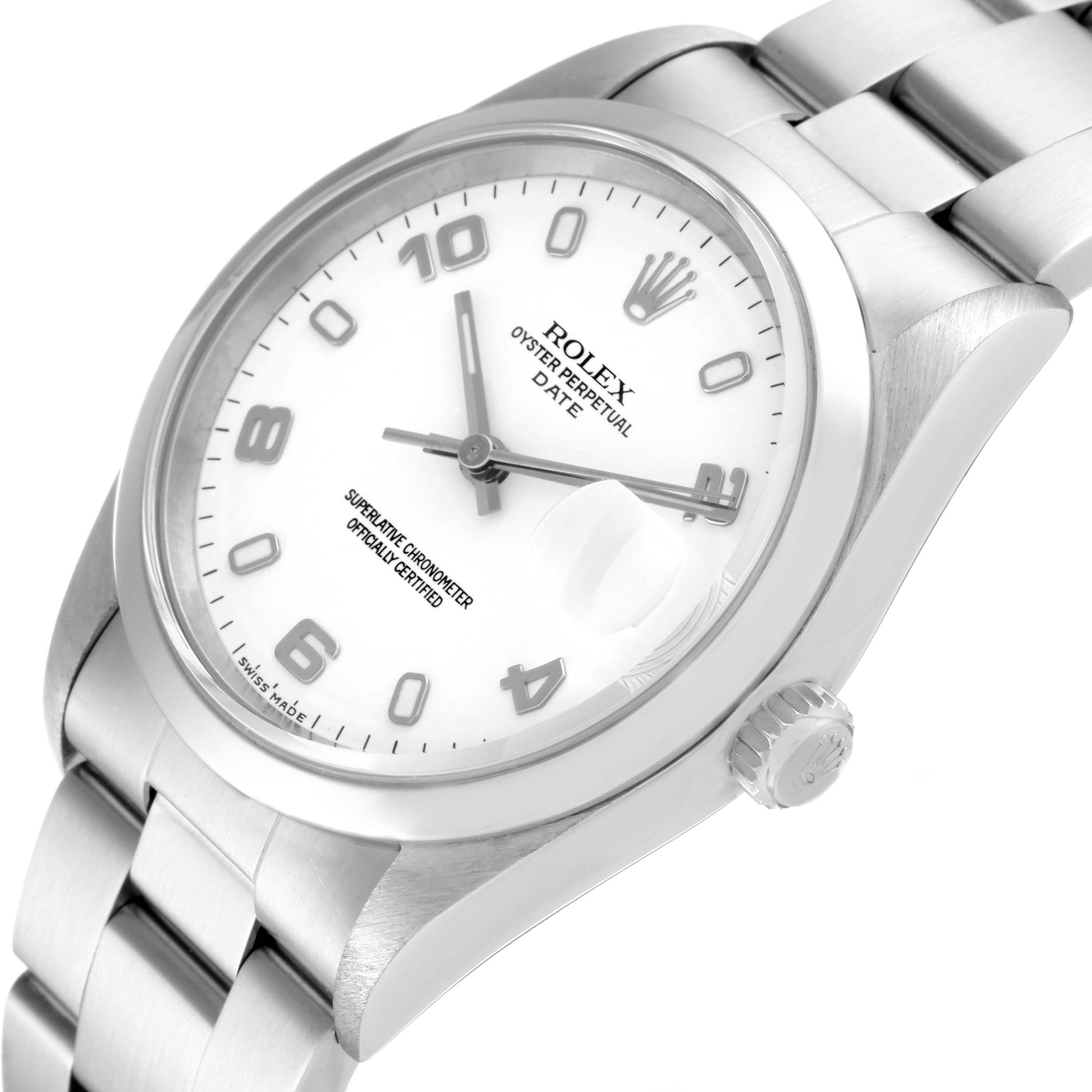 The Rolex Date 15200 Men's Stainless Steel White Dial 15200 Men's Stainless Steel White Dial model watch is shown at an angled close-up view, highlighting the face, crown, and part of the bracelet.