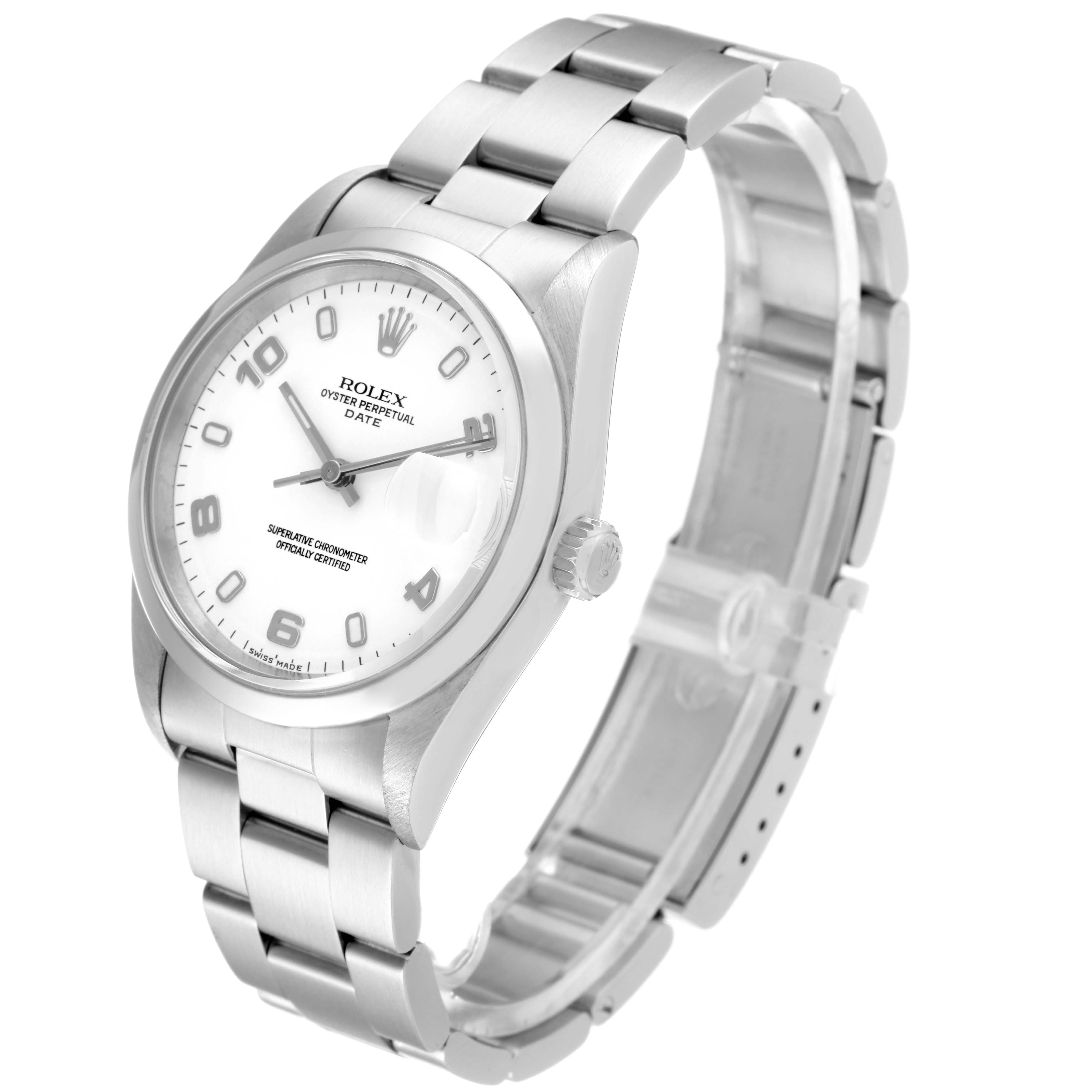 The Rolex Date 15200 Men's Stainless Steel White Dial 15200 Men's Stainless Steel White Dial model watch is shown at a three-quarter angle, highlighting the face, bezel, crown, and bracelet.