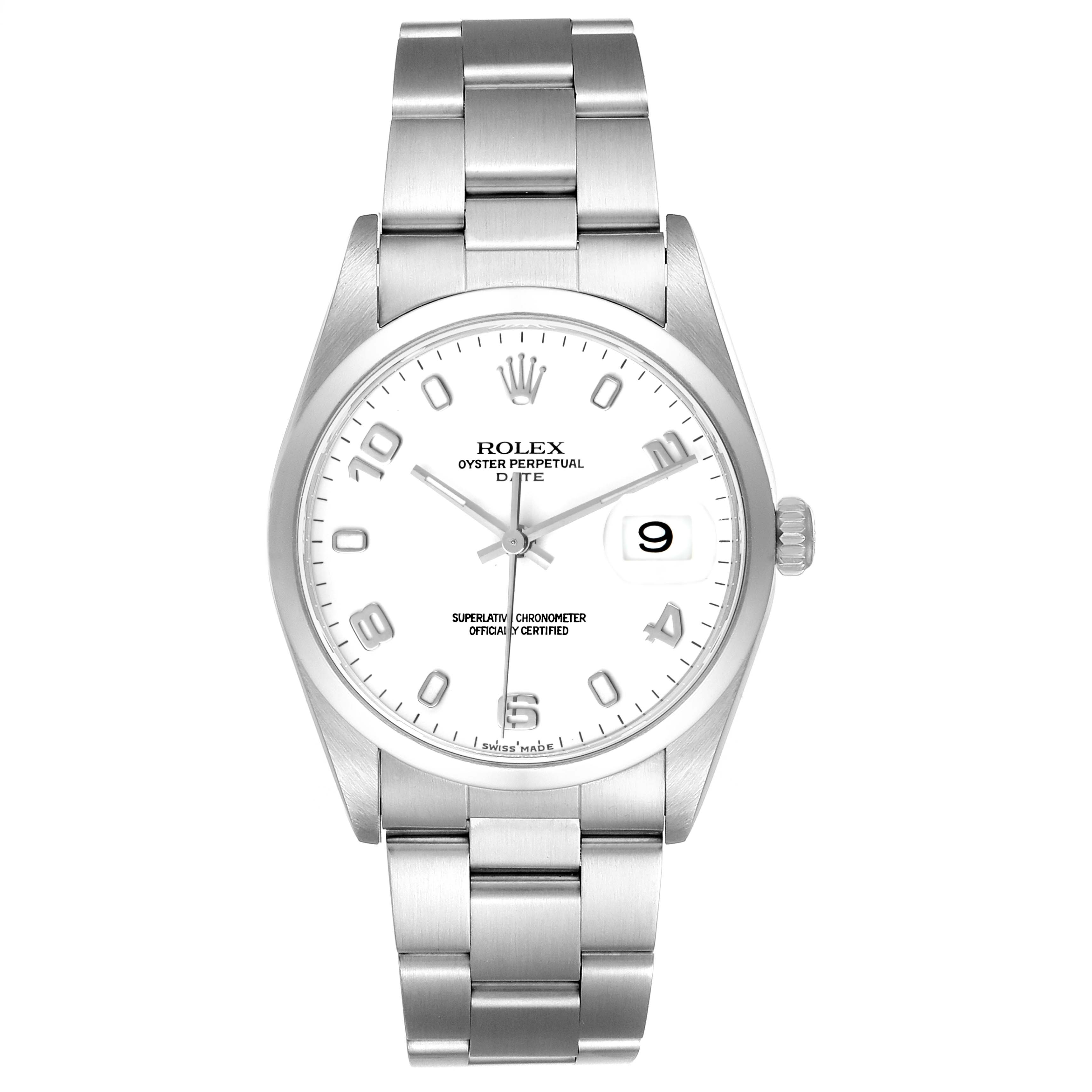 This image shows the front view of a Rolex Date 15200 Men's Stainless Steel White Dial 15200 Men's Stainless Steel White Dial model, featuring the dial, hands, date window, crown, and bracelet.