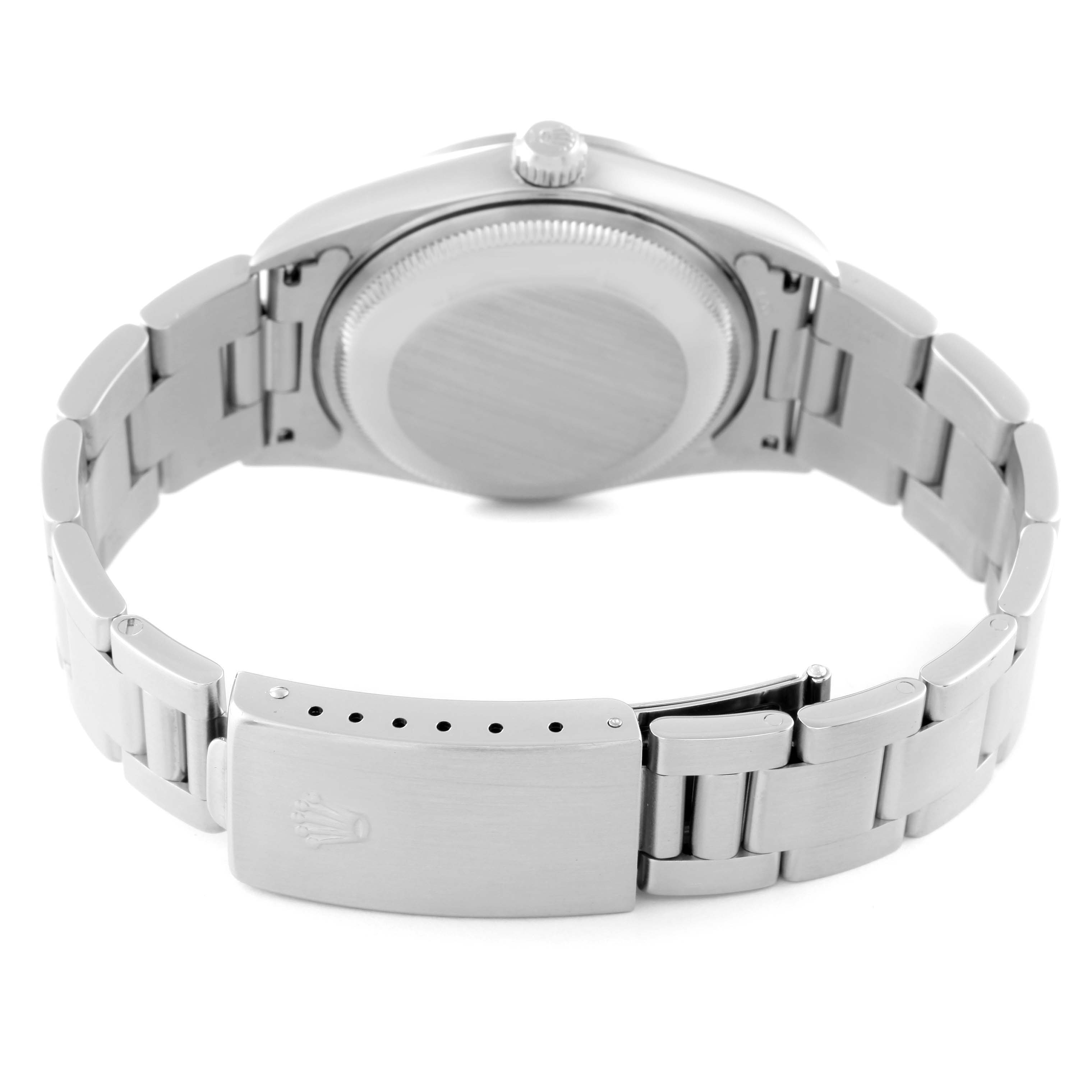 This image shows the back view of a Rolex Date 15200 Men's Stainless Steel White Dial 15200 Men's Stainless Steel White Dial model watch, highlighting the bracelet and clasp.