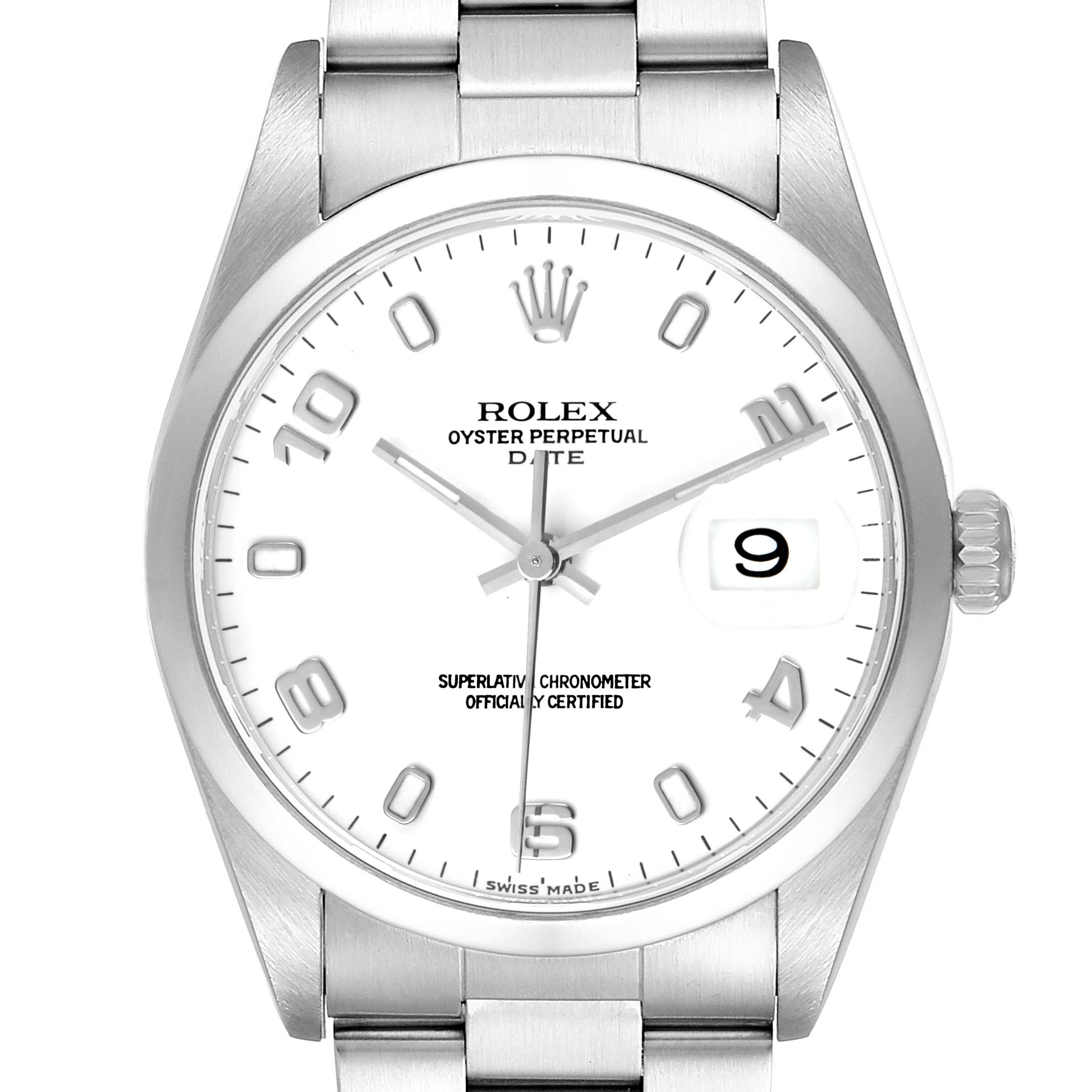 This image shows a frontal view of the Rolex Oyster Perpetual Date with its bracelet and crown visible.