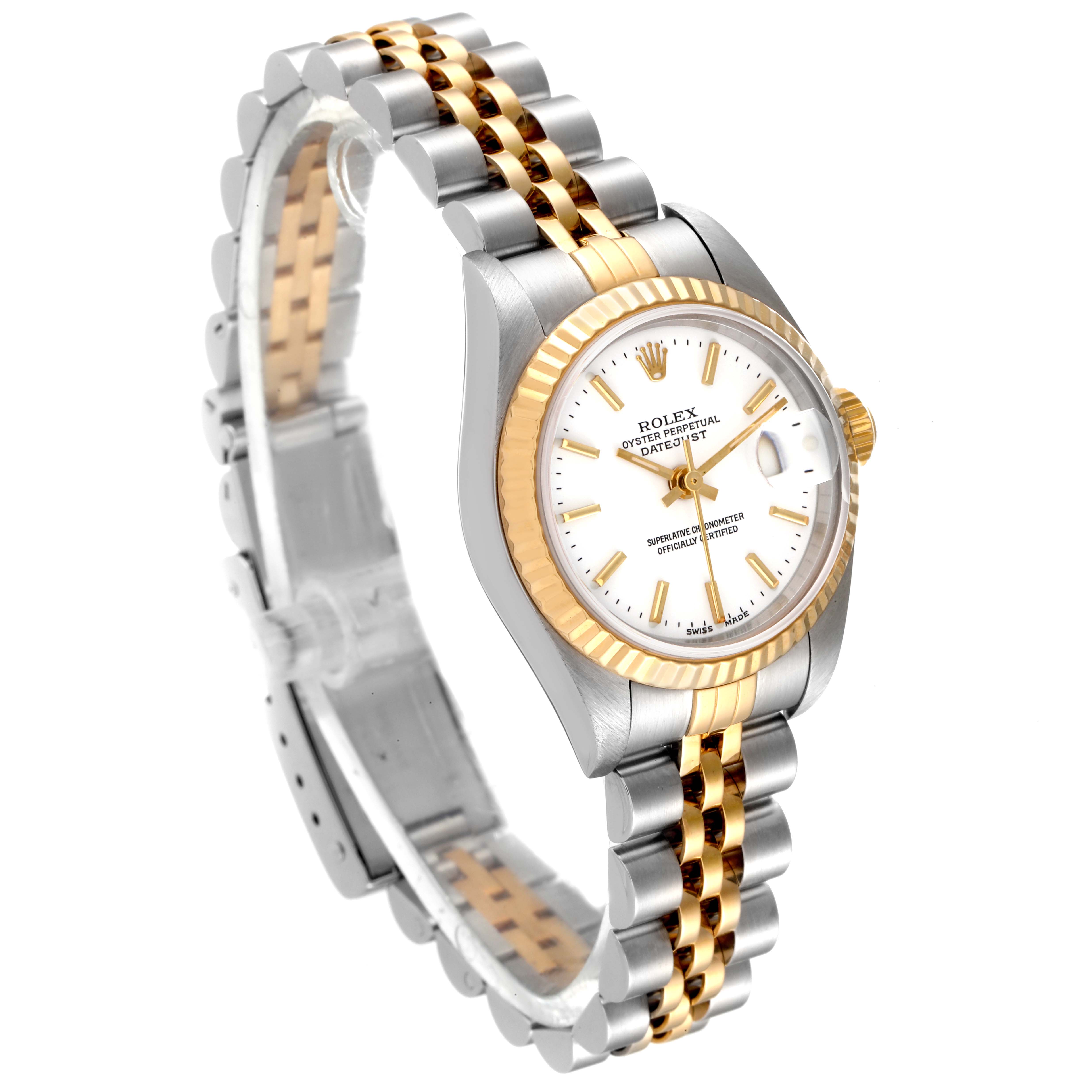 This image shows a Rolex Datejust 79173 Women's Steel and Gold (two tone) White Dial 79173 Women's Steel and Gold (two tone) White Dial watch at a slight angle, highlighting its two-tone bracelet, white dial, and gold fluted bezel.
