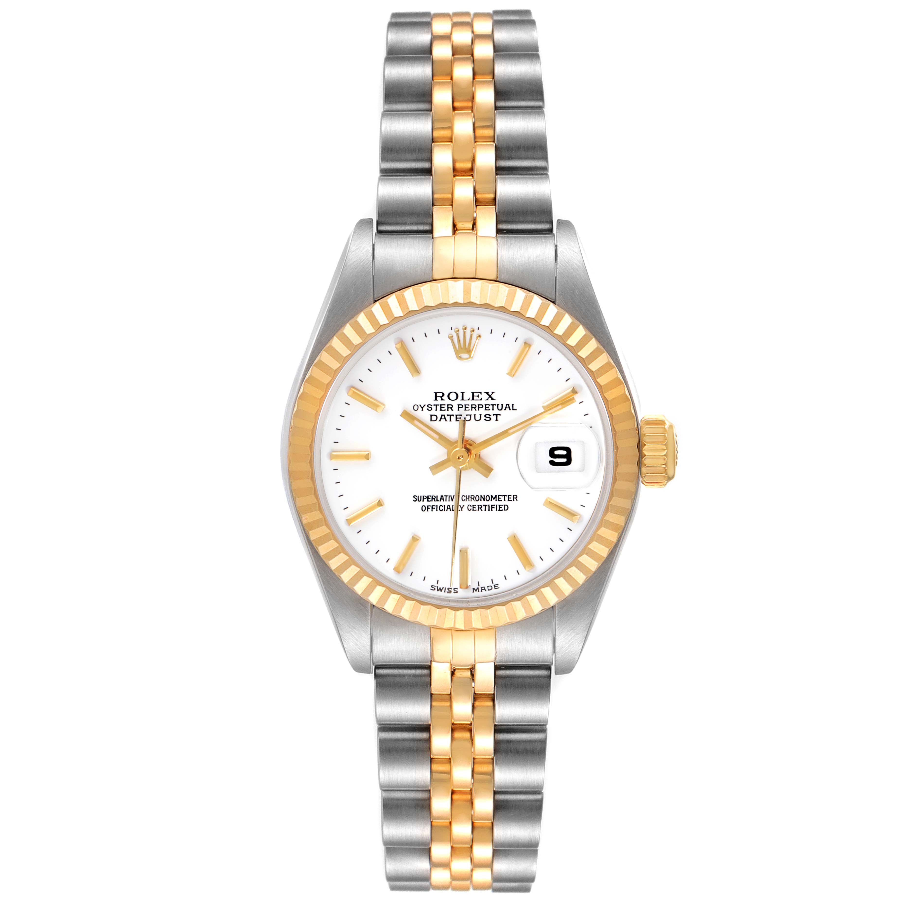 This image shows a Rolex Datejust 79173 Women's Steel and Gold (two tone) White Dial 79173 Women's Steel and Gold (two tone) White Dial watch from the front, highlighting the dial, bezel, crown, and bracelet.
