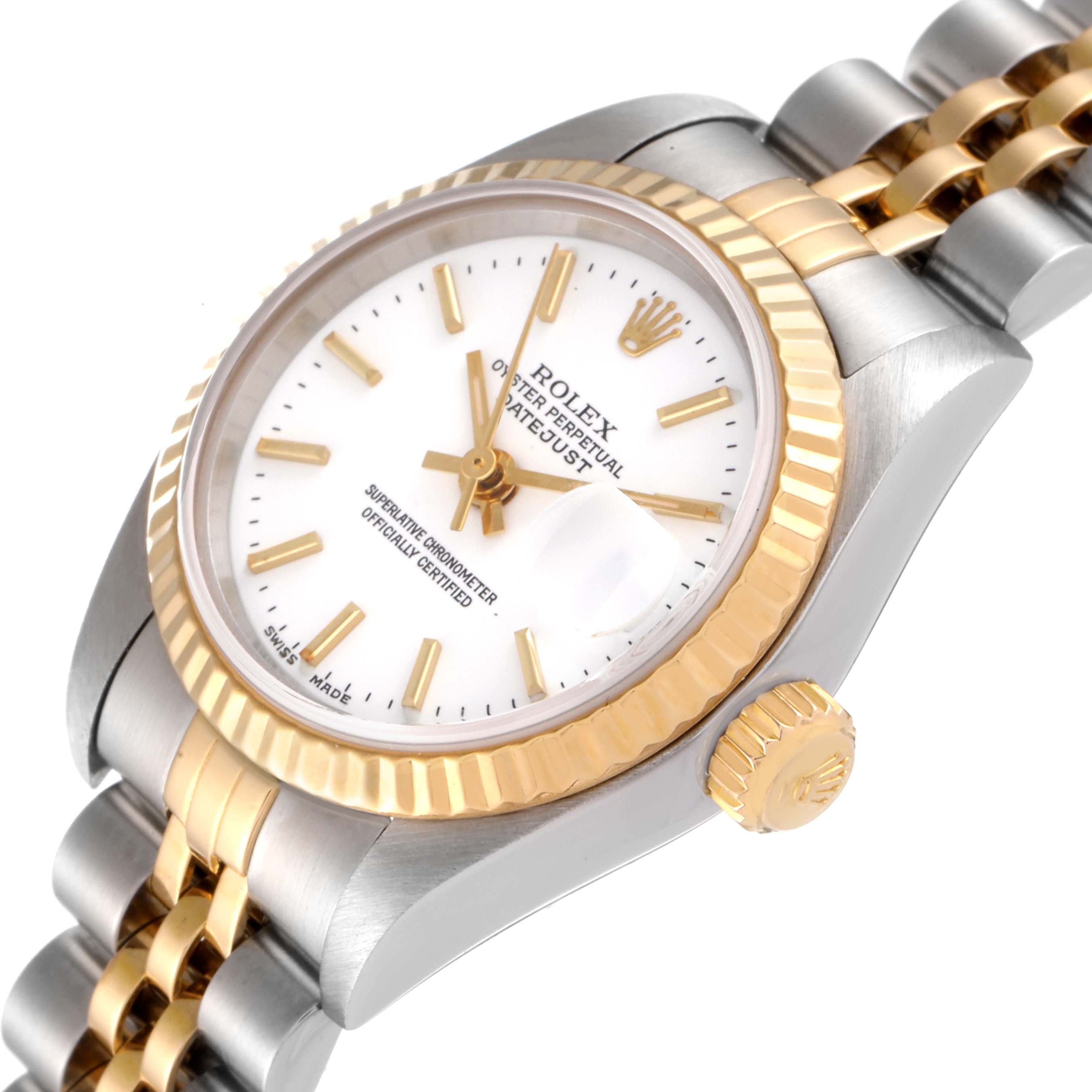 The image shows a Rolex Datejust 79173 Women's Steel and Gold (two tone) White Dial 79173 Women's Steel and Gold (two tone) White Dial watch at an angled close-up, focusing on the face, bezel, crown, and part of the bracelet.