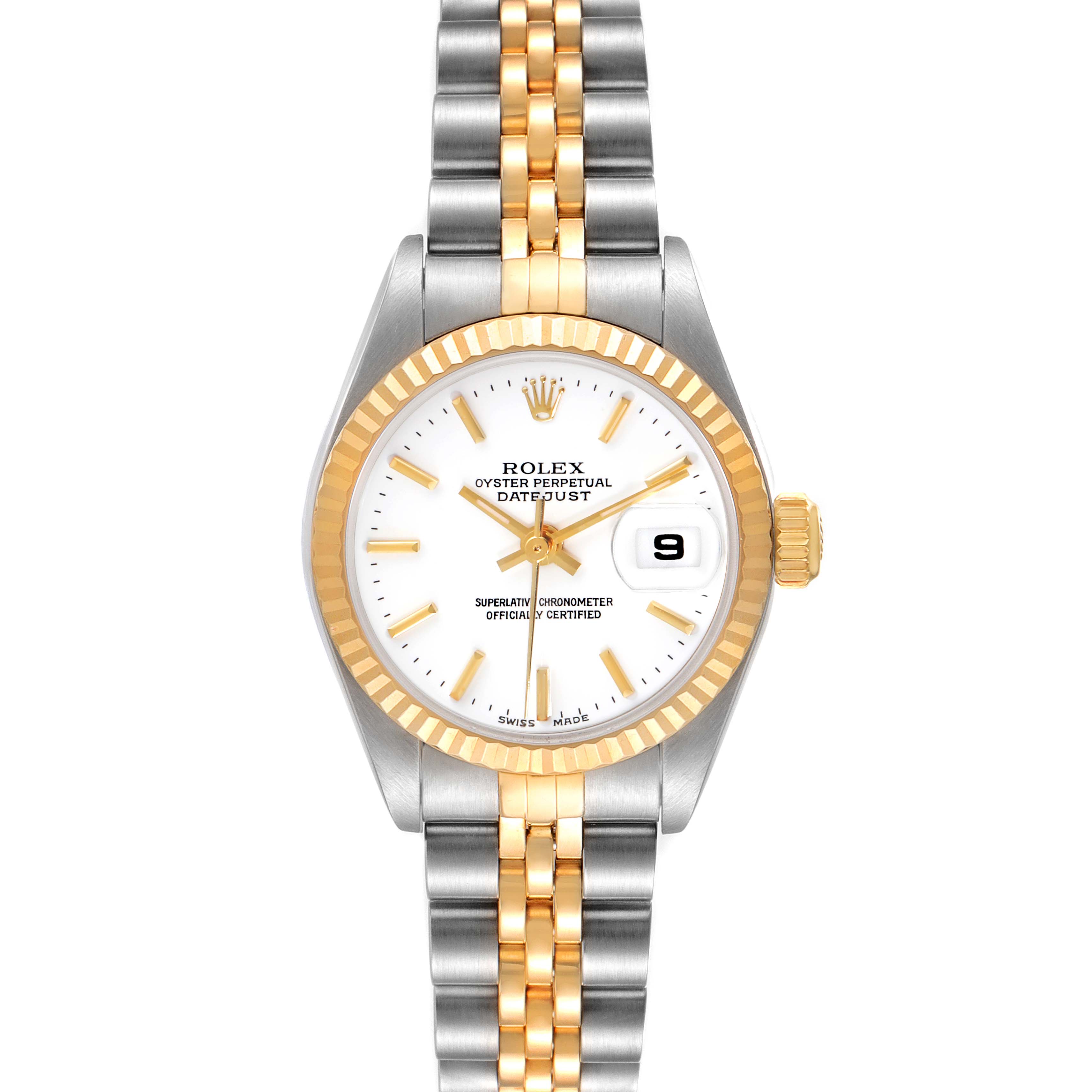 This Rolex Datejust 79173 Women's Steel and Gold (two tone) White Dial 79173 Women's Steel and Gold (two tone) White Dial watch is shown from the front, displaying the dial, bezel, and bracelet.