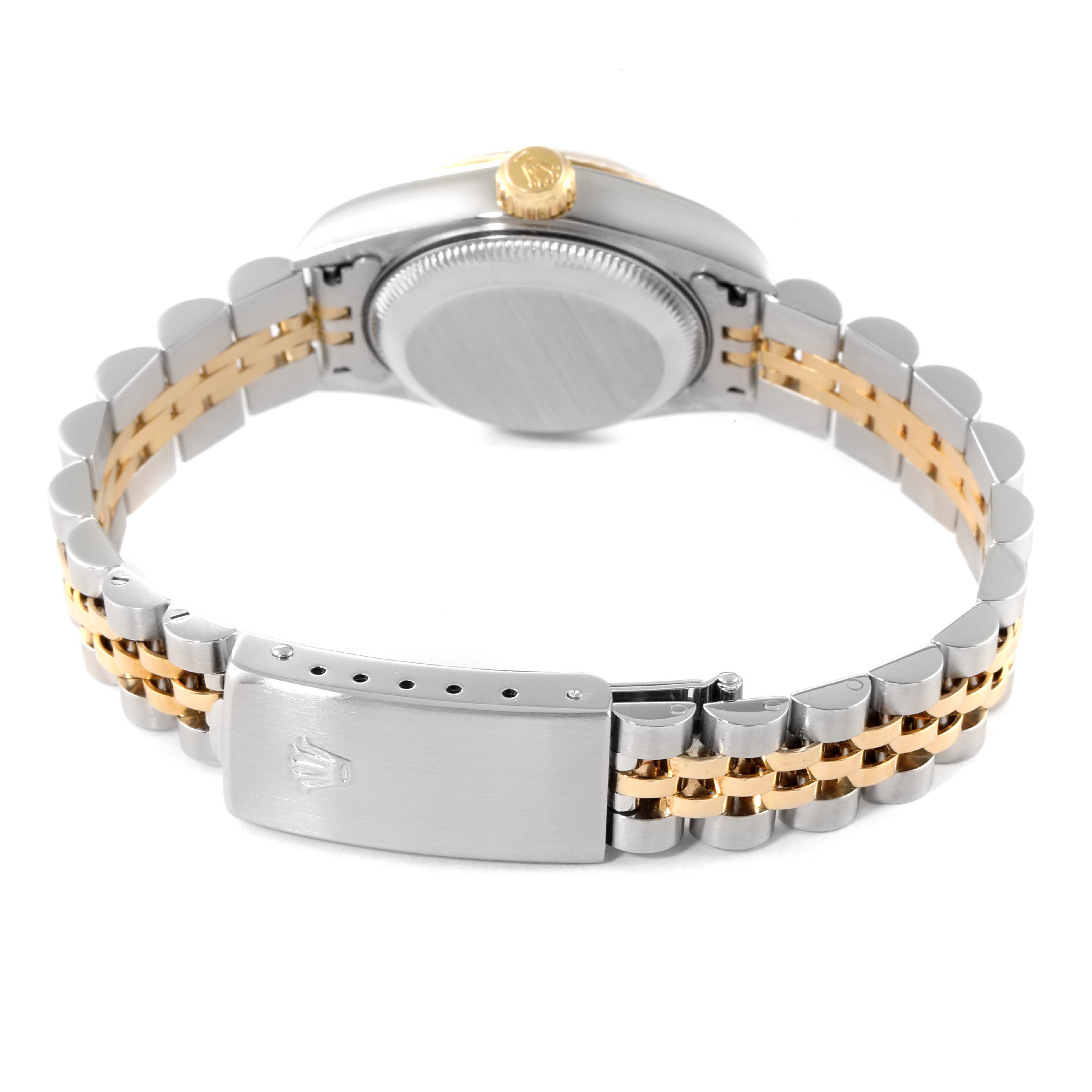 This image shows the back view of the Rolex Datejust 79173 Women's Steel and Gold (two tone) White Dial 79173 Women's Steel and Gold (two tone) White Dial watch, displaying the bracelet and clasp.
