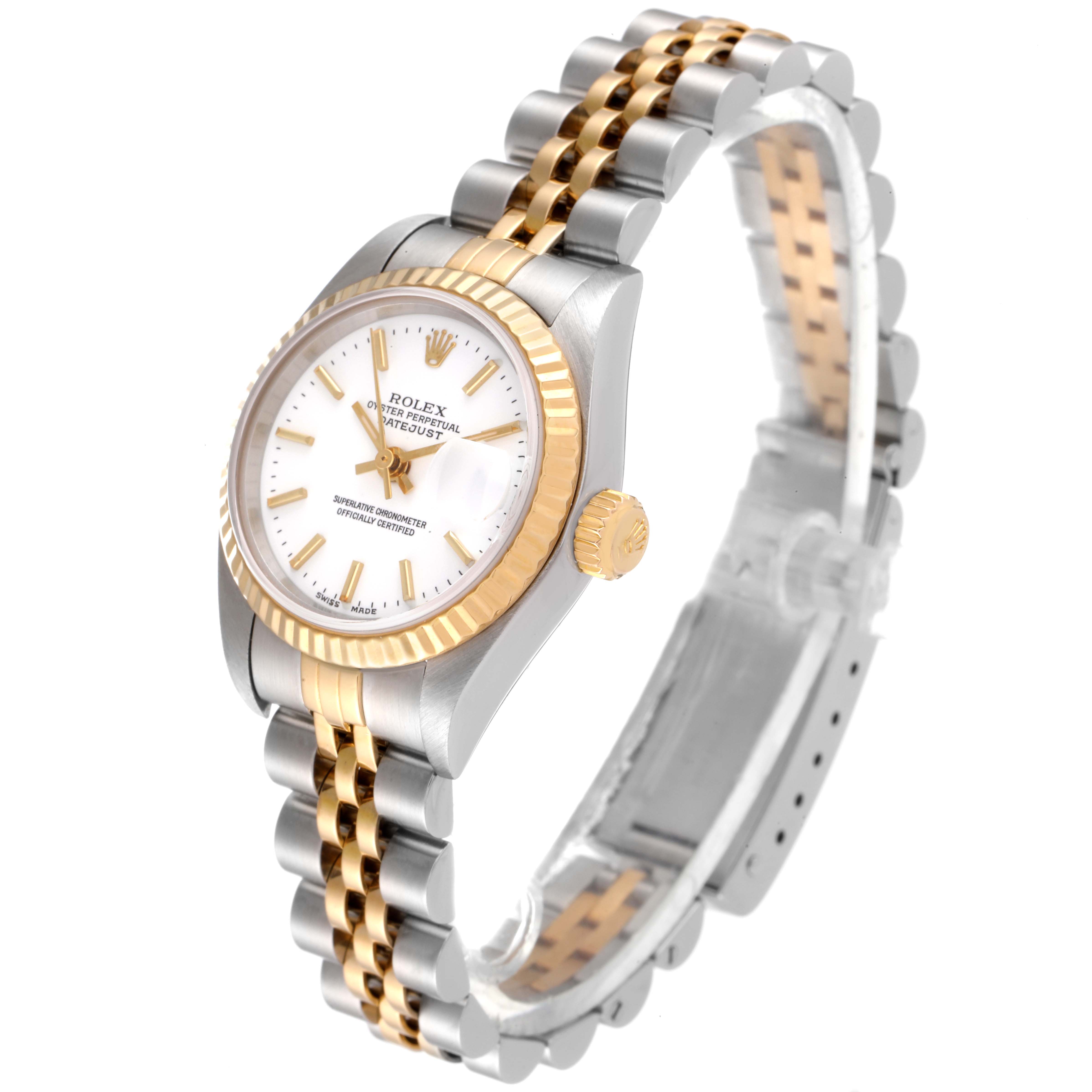 The image shows a Rolex Datejust 79173 Women's Steel and Gold (two tone) White Dial 79173 Women's Steel and Gold (two tone) White Dial watch at a slight angle, displaying the dial, bezel, crown, and two-tone jubilee bracelet.