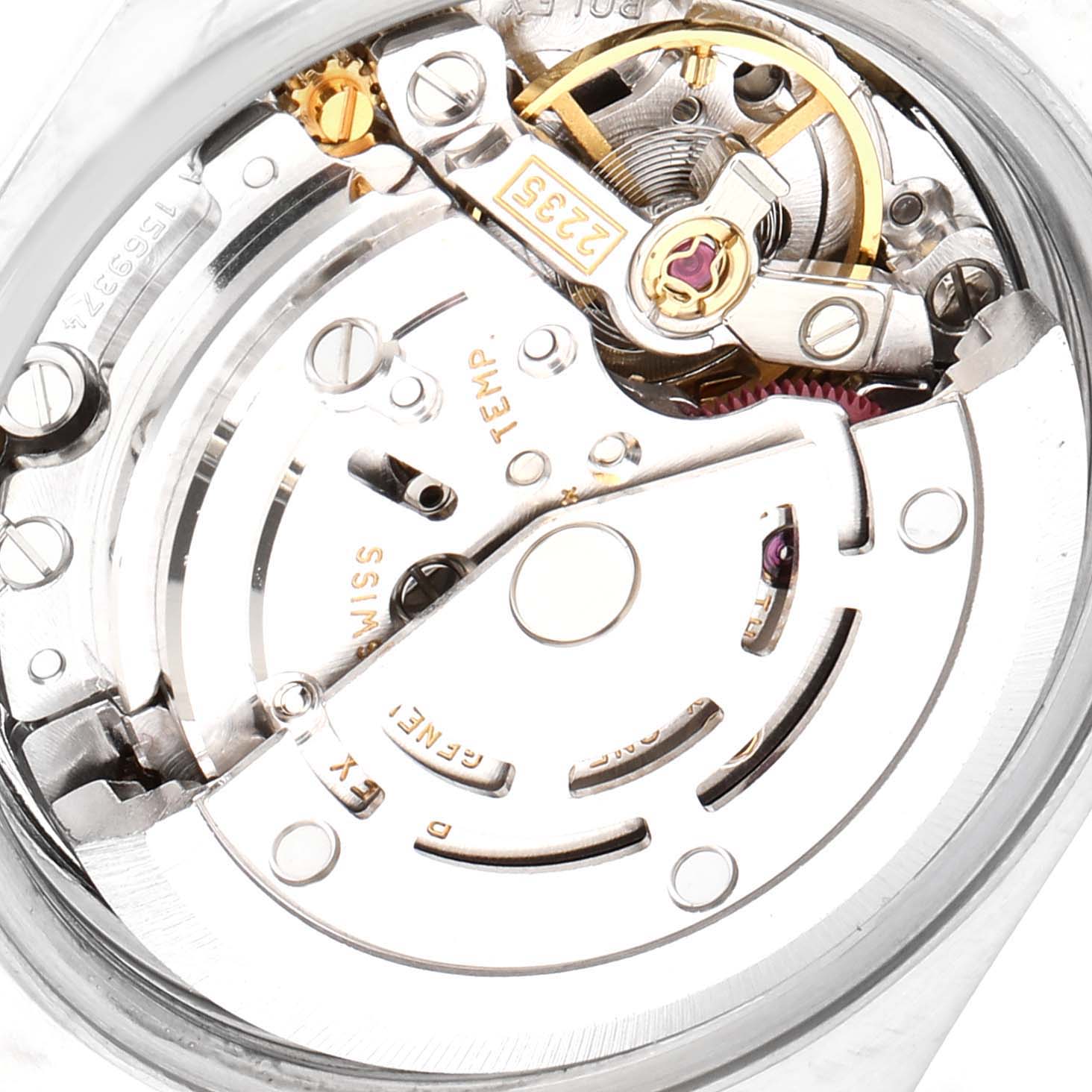 This image shows the intricate movement mechanism of a Rolex Datejust 79173 Women's Steel and Gold (two tone) White Dial 79173 Women's Steel and Gold (two tone) White Dial watch from a close-up, top-down angle.