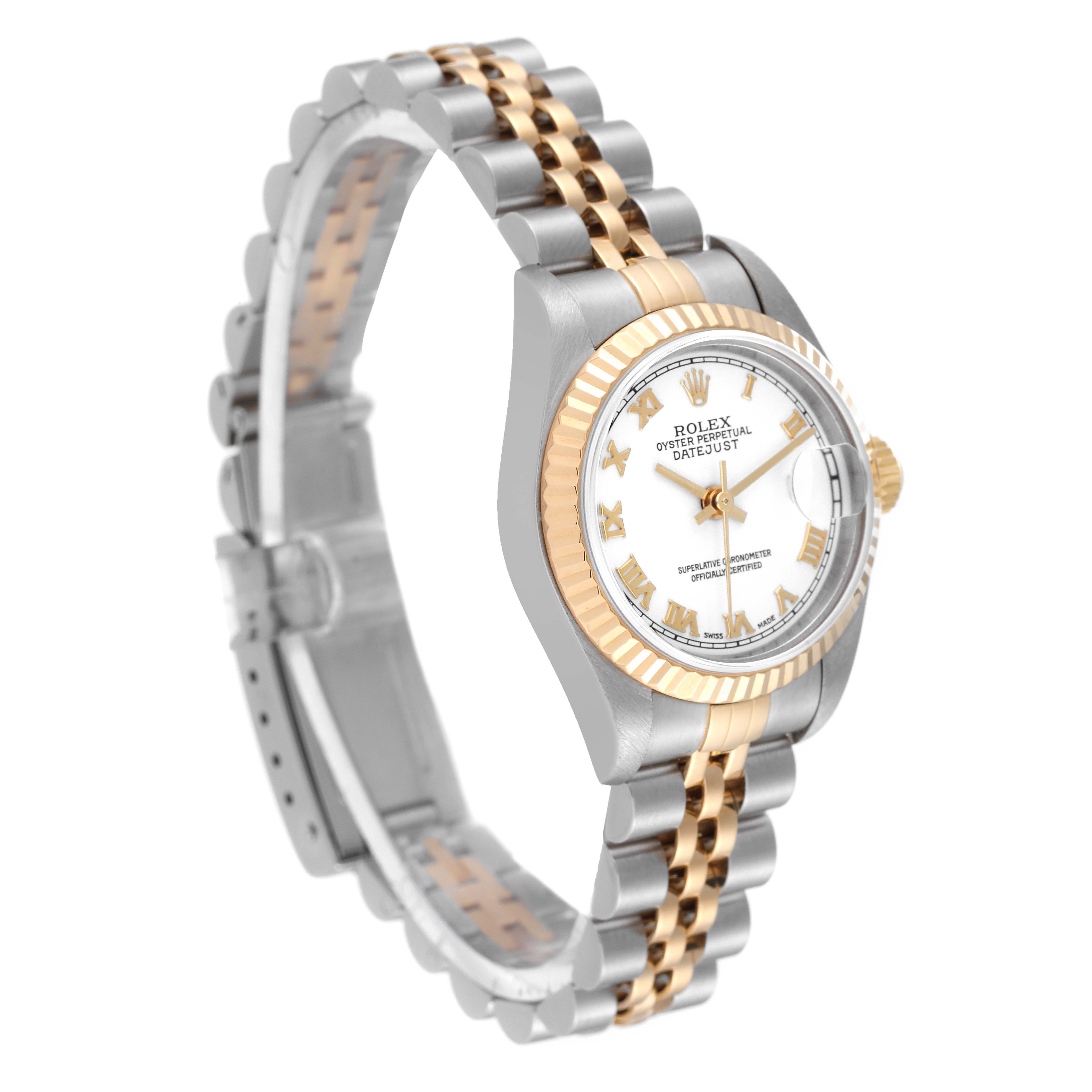 This image shows a side angle of a Rolex Datejust 79173 Women's Steel and Gold (two tone) White Dial 79173 Women's Steel and Gold (two tone) White Dial watch, highlighting its two-tone band, face, and fluted bezel.