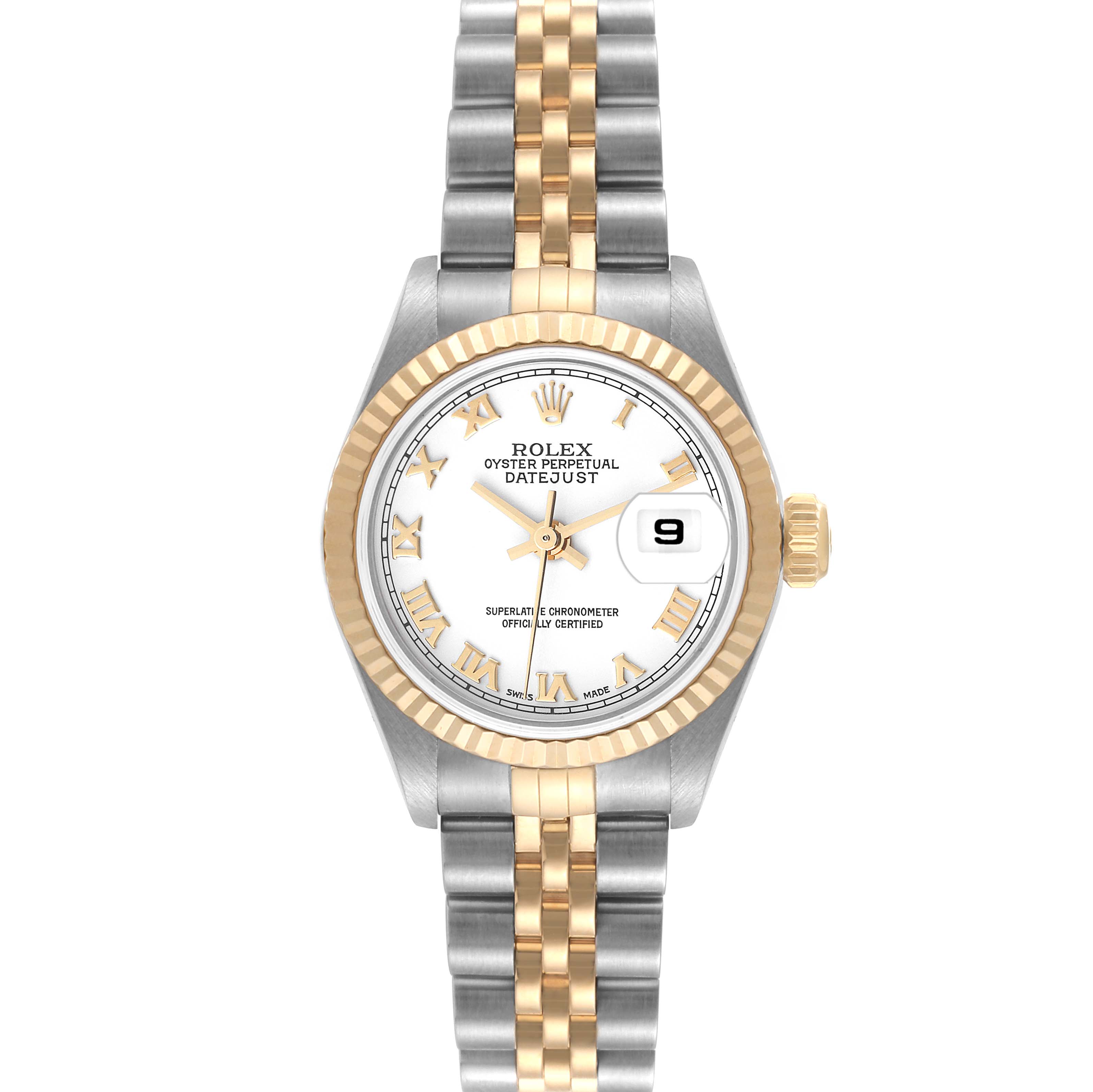 This image shows a front view of a Rolex Datejust 79173 Women's Steel and Gold (two tone) White Dial 79173 Women's Steel and Gold (two tone) White Dial watch with a two-tone band and a fluted bezel.