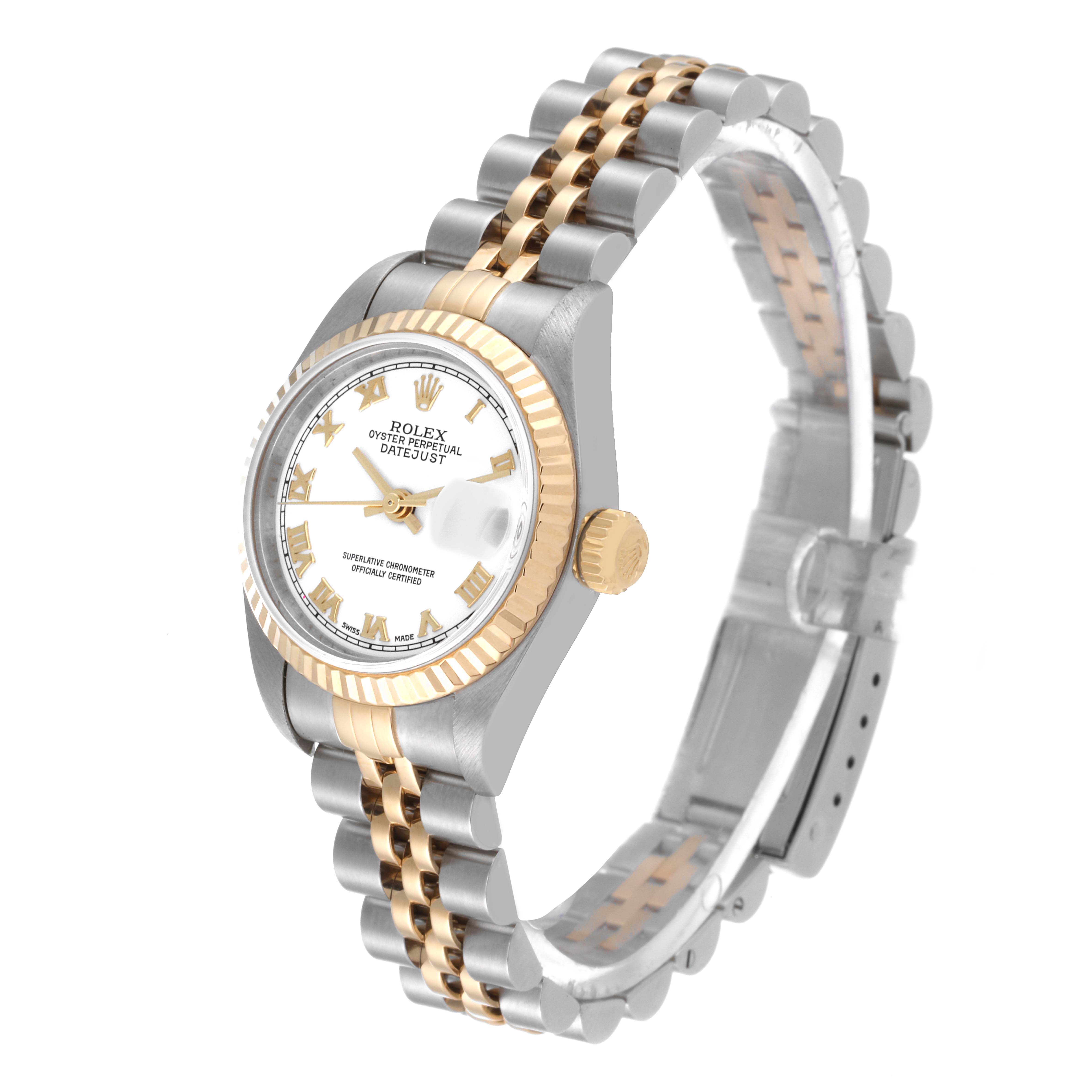The Rolex Datejust 79173 Women's Steel and Gold (two tone) White Dial 79173 Women's Steel and Gold (two tone) White Dial watch is shown at a three-quarter angle, displaying the face, bezel, crown, and two-tone bracelet.