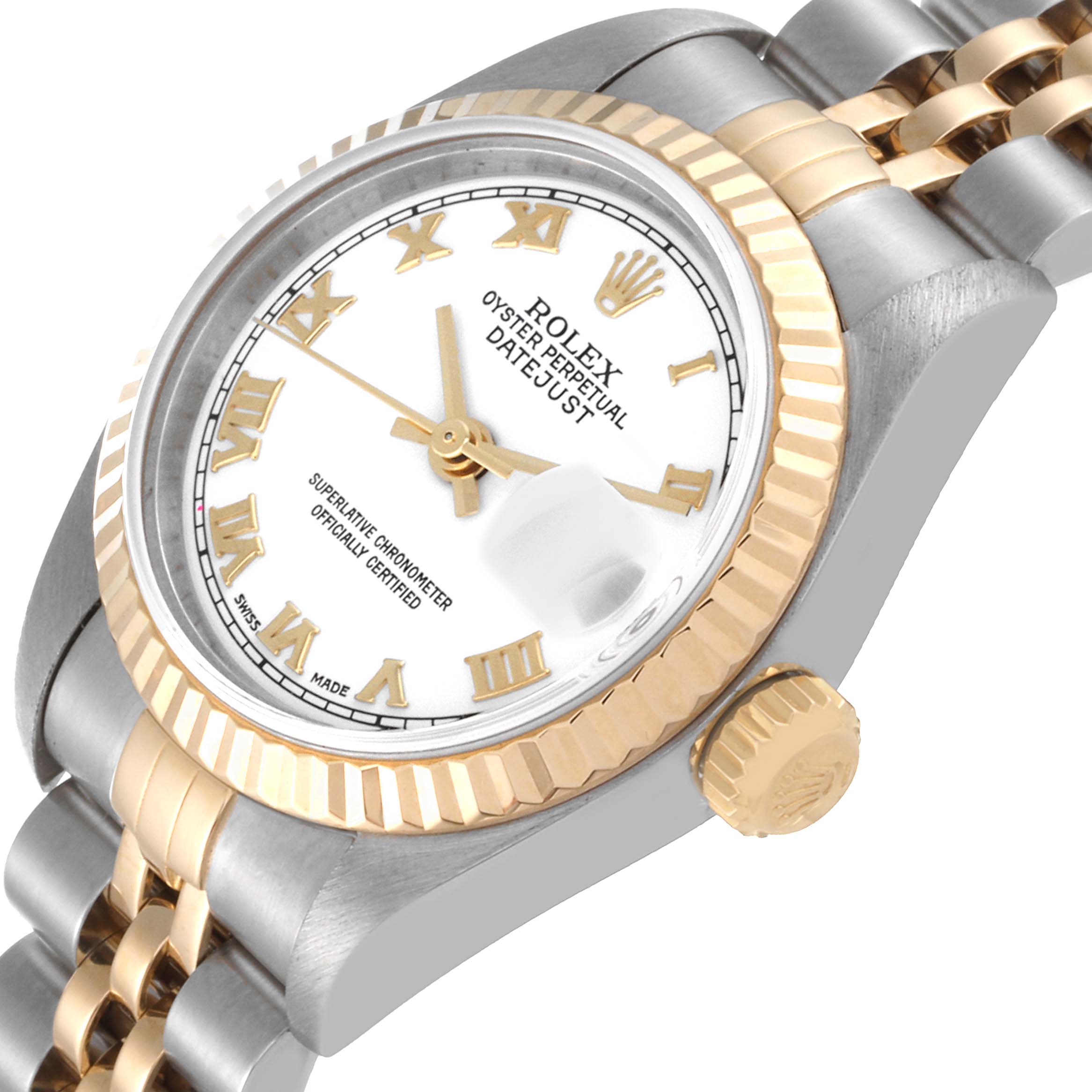 The image shows a close-up and angled view of the dial, bezel, crown, and part of the bracelet of a Rolex Datejust 79173 Women's Steel and Gold (two tone) White Dial 79173 Women's Steel and Gold (two tone) White Dial watch.