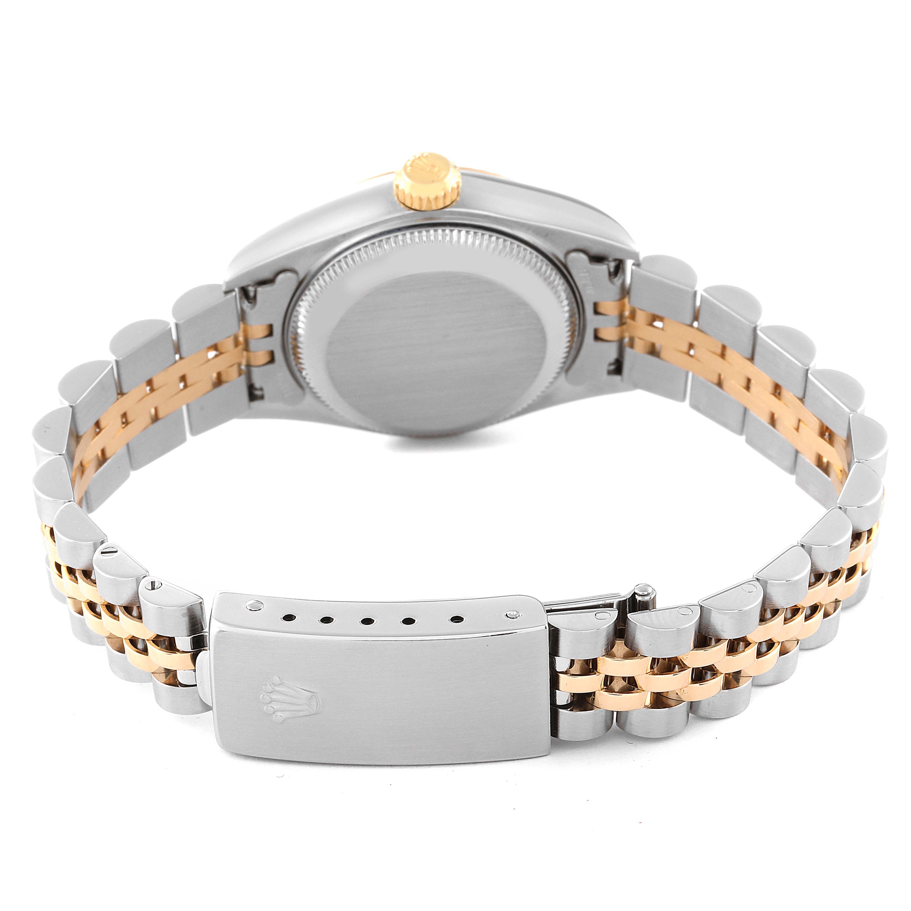 This image shows the back of a Rolex Datejust 79173 Women's Steel and Gold (two tone) White Dial 79173 Women's Steel and Gold (two tone) White Dial watch, including the bracelet, clasp, and case back.