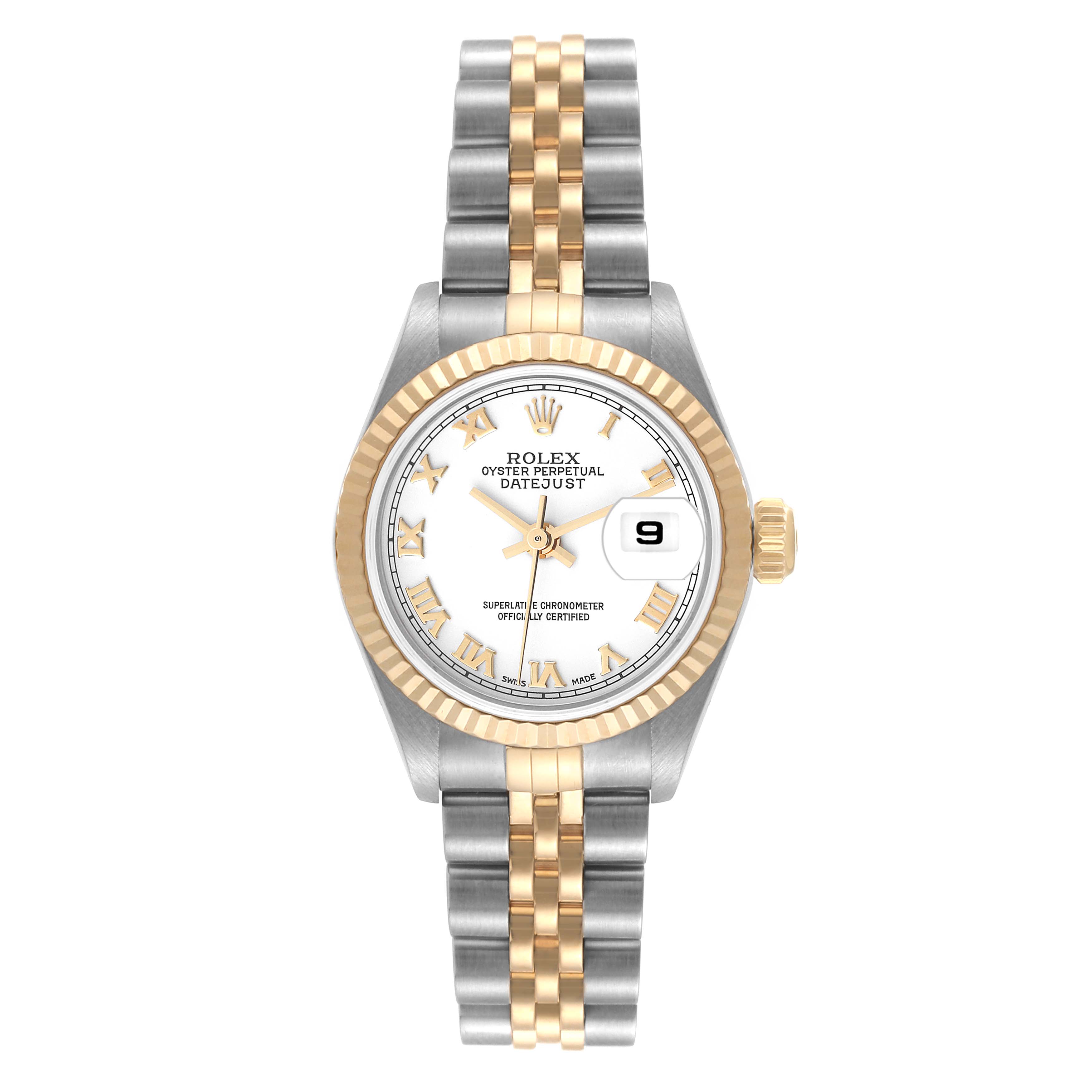 This is a frontal view of a Rolex Datejust 79173 Women's Steel and Gold (two tone) White Dial 79173 Women's Steel and Gold (two tone) White Dial watch, showing the dial, bezel, bracelet, and crown.