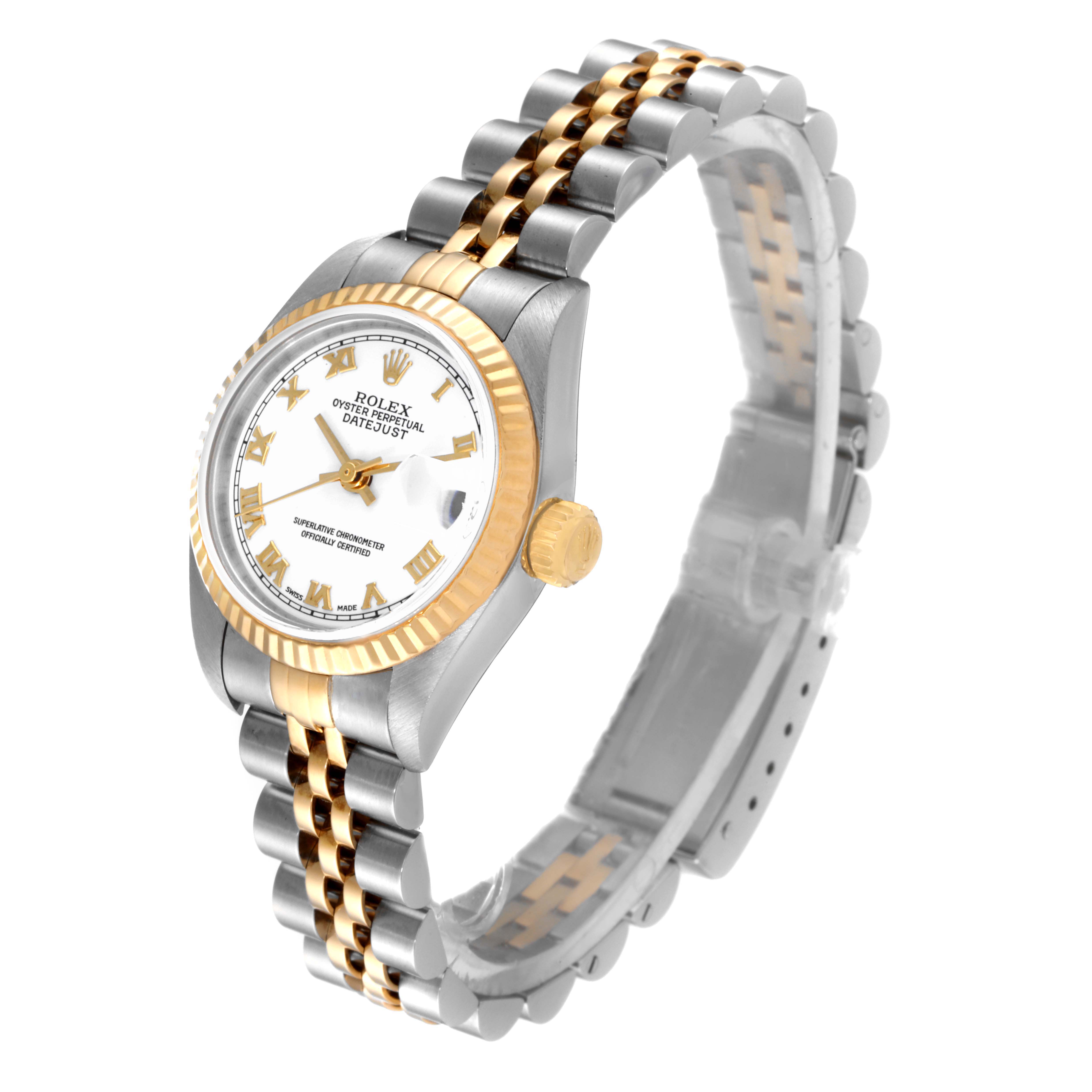 The Rolex Datejust 79173 Women's Steel and Gold (two tone) White Dial 79173 Women's Steel and Gold (two tone) White Dial watch is shown at a three-quarter angle, displaying the face, dial, crown, and bracelet.