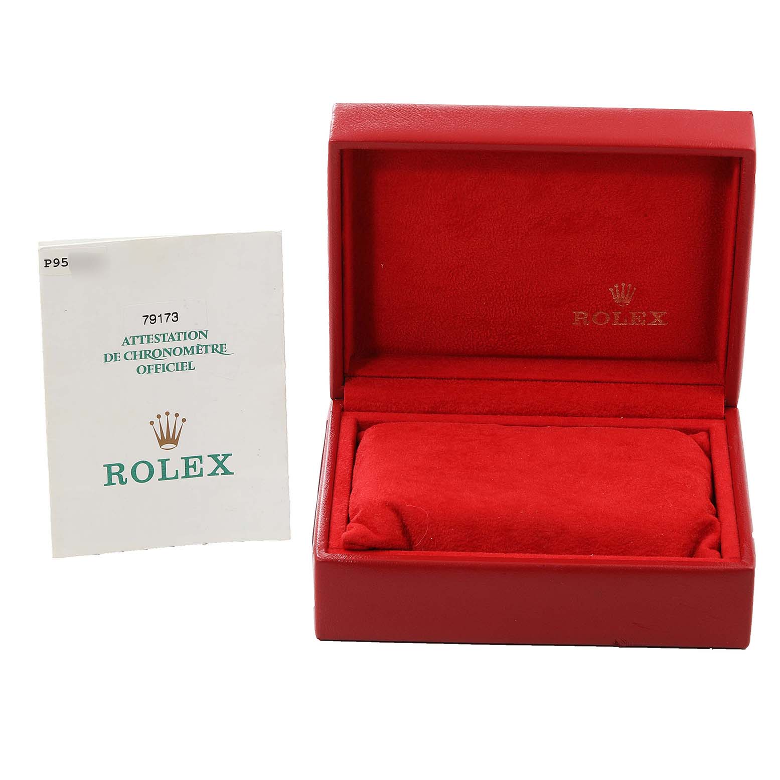 The image shows the open box and a certificate for the Rolex Datejust 79173 Women's Steel and Gold (two tone) White Dial 79173 Women's Steel and Gold (two tone) White Dial model.