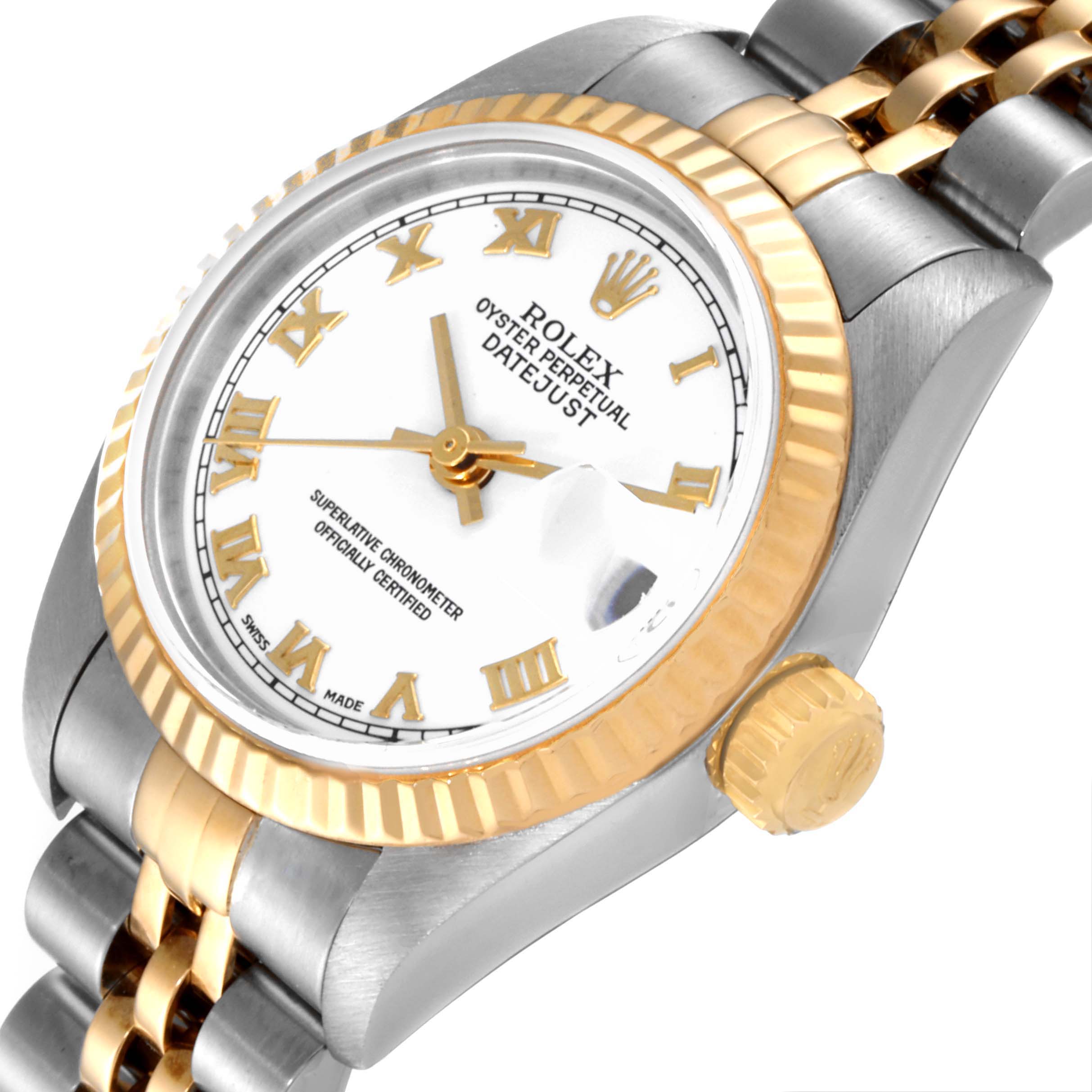 This image shows a close-up angle of a Rolex Datejust 79173 Women's Steel and Gold (two tone) White Dial 79173 Women's Steel and Gold (two tone) White Dial watch, featuring its face, bezel, case, and part of the bracelet.