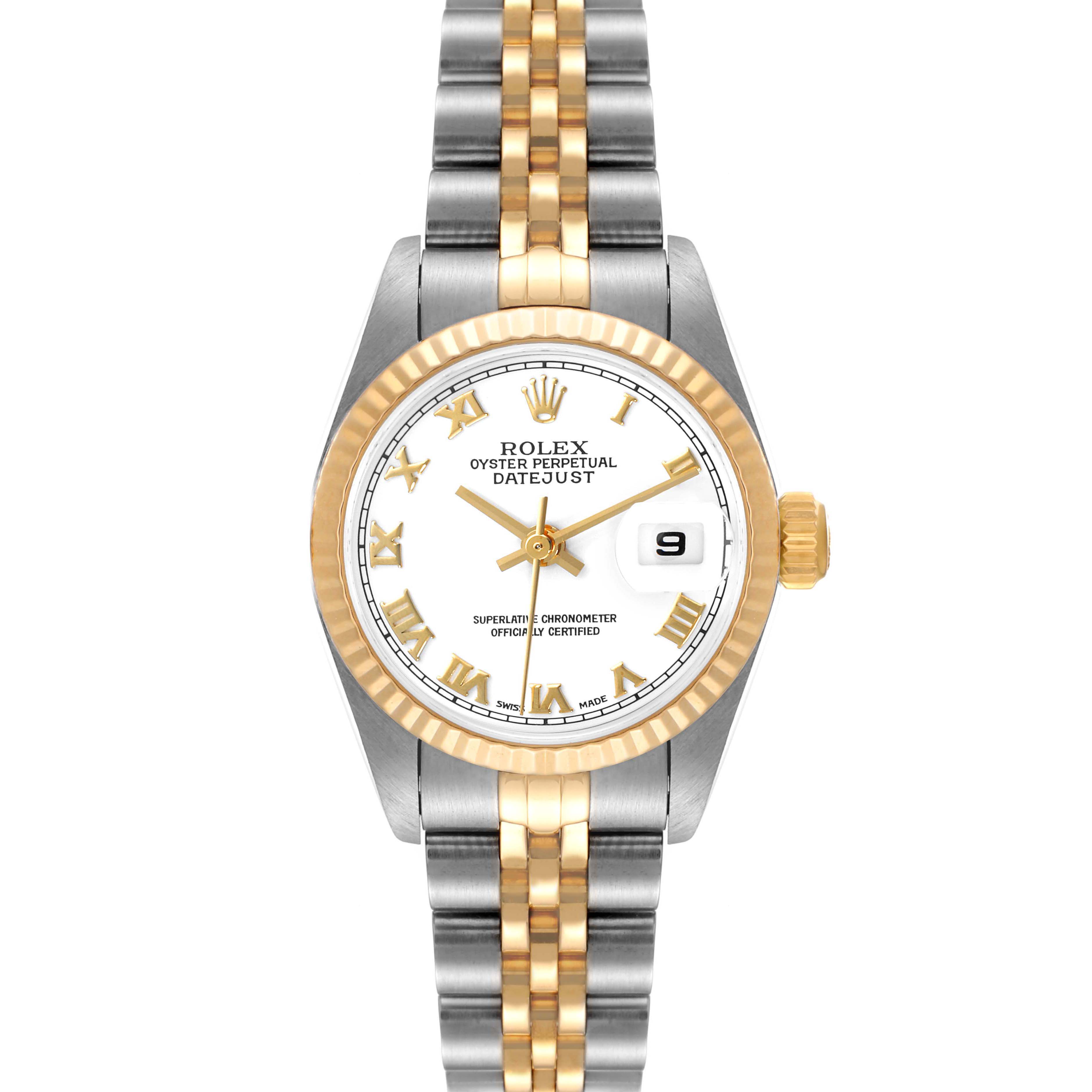 This image shows a front view of a Rolex Datejust 79173 Women's Steel and Gold (two tone) White Dial 79173 Women's Steel and Gold (two tone) White Dial watch displaying its two-tone bracelet, fluted bezel, and white dial with Roman numerals.