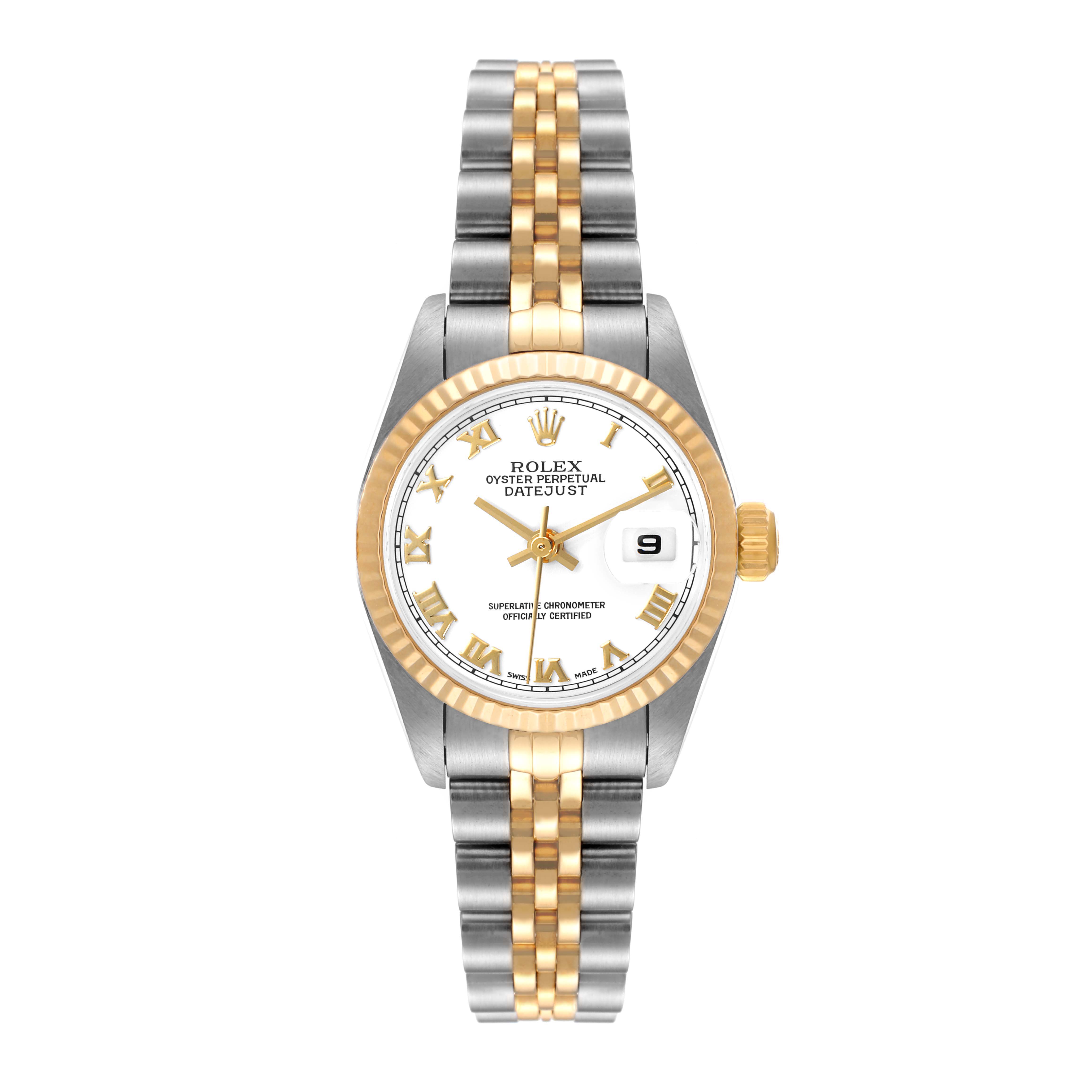 This image shows a Rolex Datejust 79173 Women's Steel and Gold (two tone) White Dial 79173 Women's Steel and Gold (two tone) White Dial watch from a front angle, displaying the dial, bezel, and bracelet.