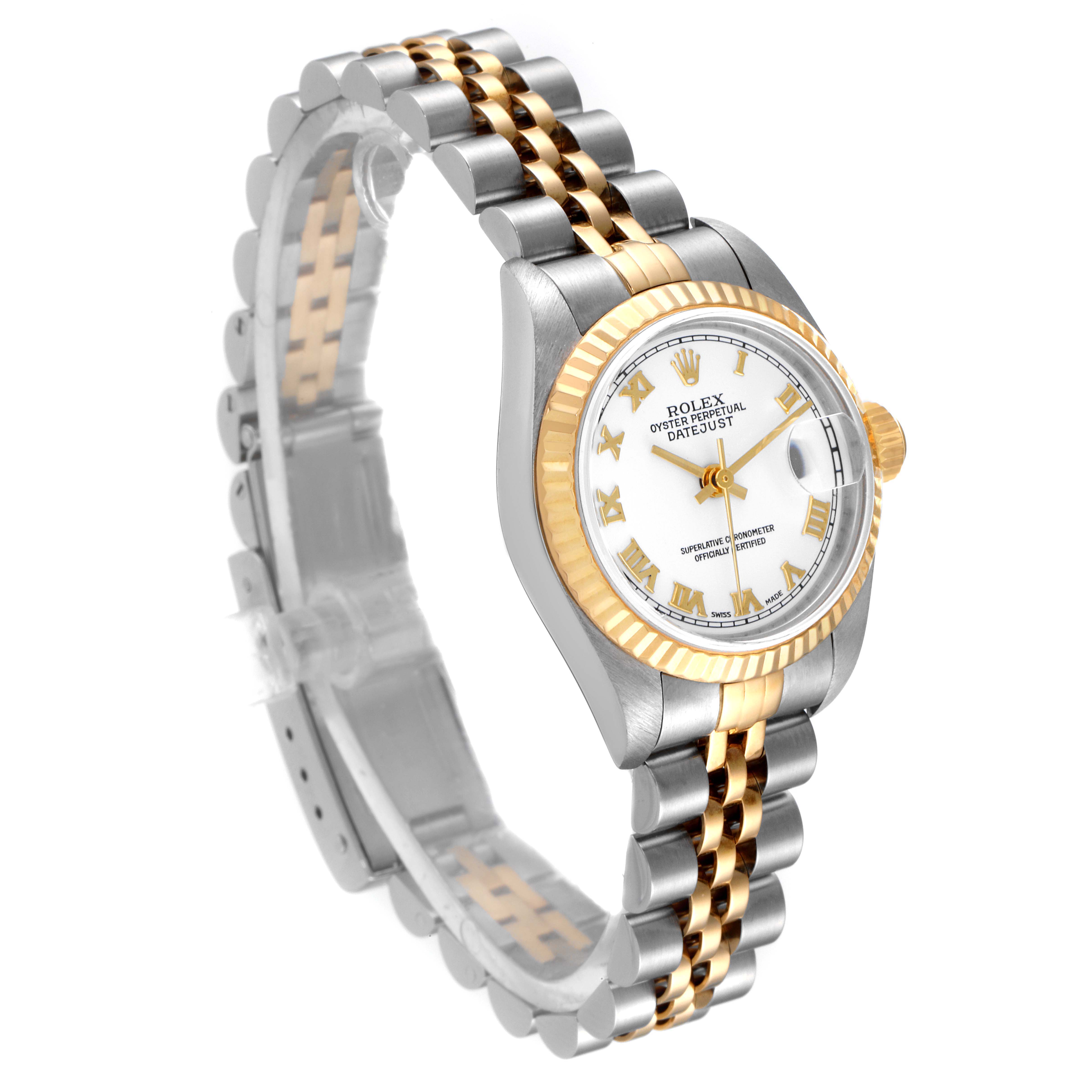 The image shows a Rolex Datejust 79173 Women's Steel and Gold (two tone) White Dial 79173 Women's Steel and Gold (two tone) White Dial watch at an oblique angle, displaying its two-tone bracelet, fluted bezel, and white dial.