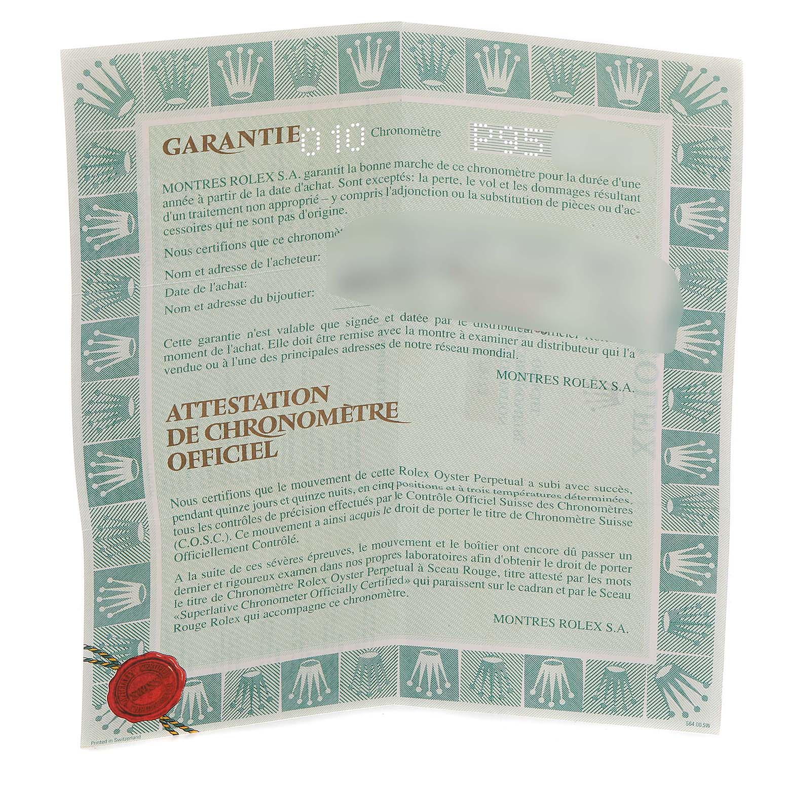 This image shows a Rolex Datejust 79173 Women's Steel and Gold (two tone) White Dial 79173 Women's Steel and Gold (two tone) White Dial chronometer warranty and certification document.