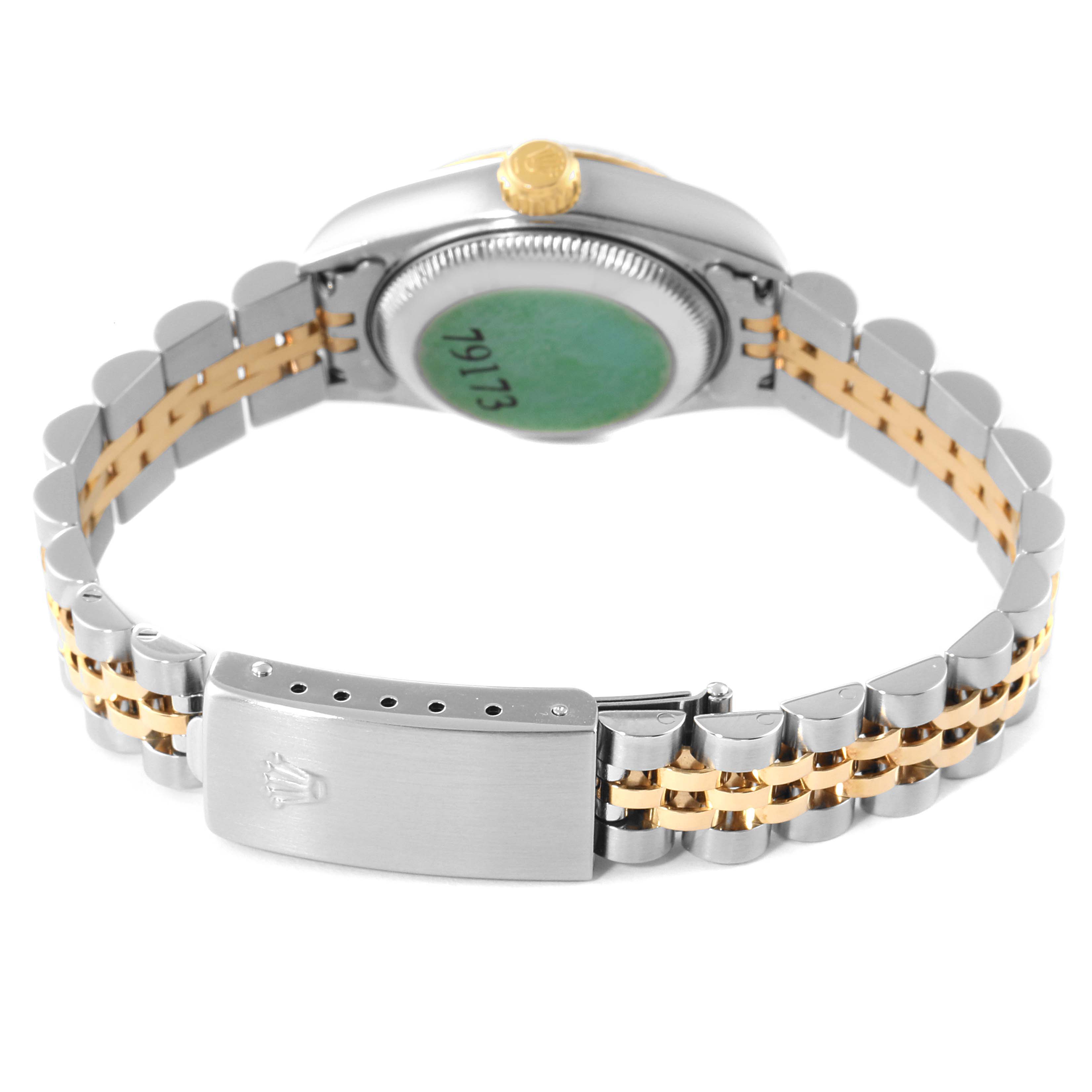 This image shows the back view of the Rolex Datejust 79173 Women's Steel and Gold (two tone) White Dial 79173 Women's Steel and Gold (two tone) White Dial watch, focusing on the two-tone metal bracelet and clasp.