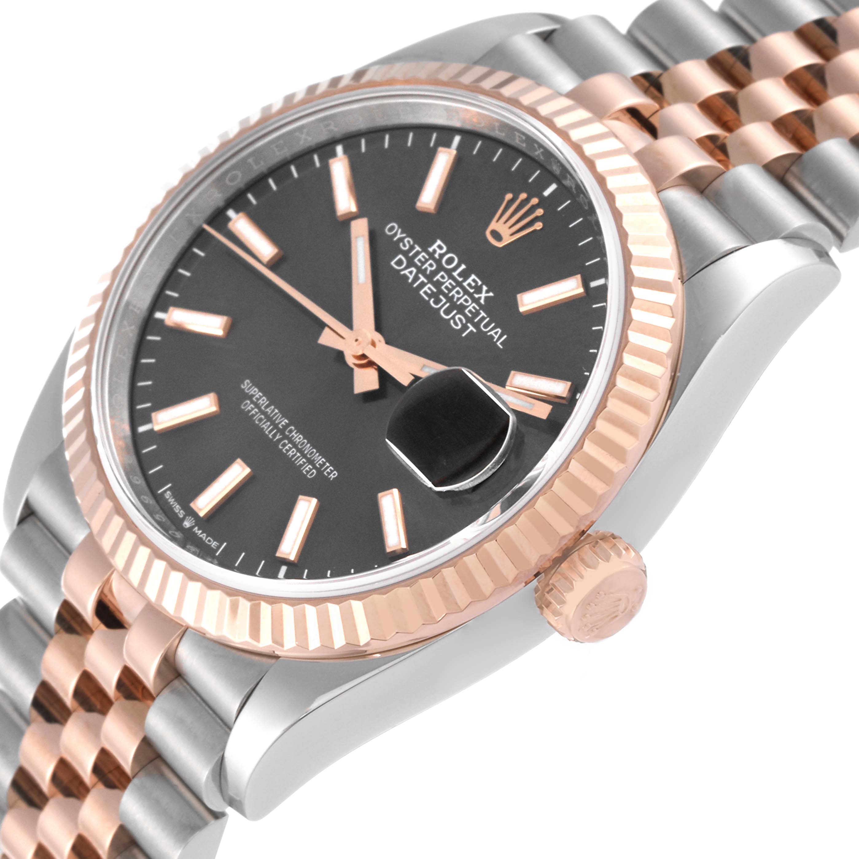 The image shows a partial side view of a Rolex Datejust 126231 Men's Steel and Gold (two tone) Grey Dial 126231 Men's Steel and Gold (two tone) Grey Dial, highlighting its face, bezel, and partial two-tone Jubilee bracelet.