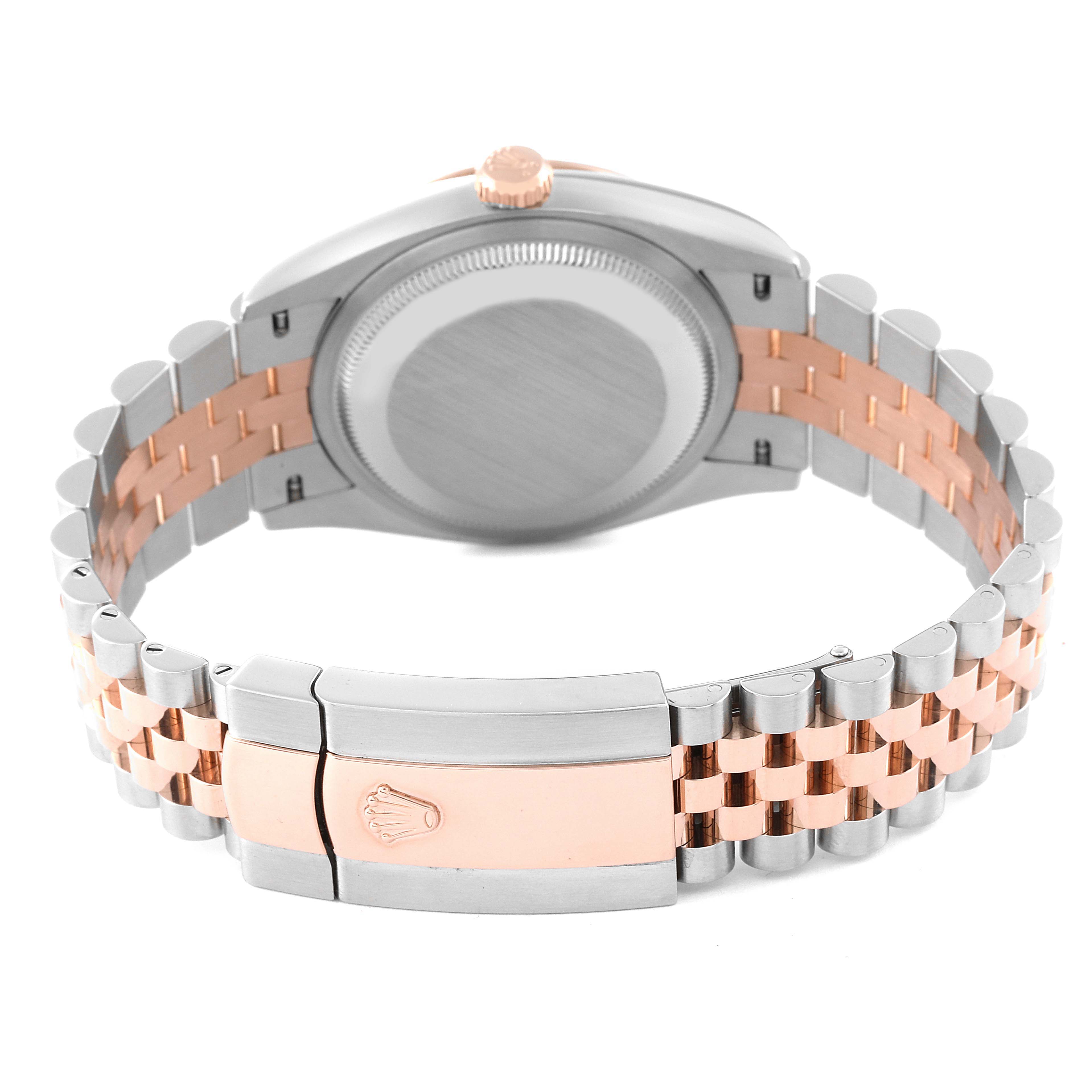 This image shows the back view of a Rolex Datejust 126231 Men's Steel and Gold (two tone) Grey Dial 126231 Men's Steel and Gold (two tone) Grey Dial watch, highlighting the case back, crown, and two-tone bracelet with a clasp.