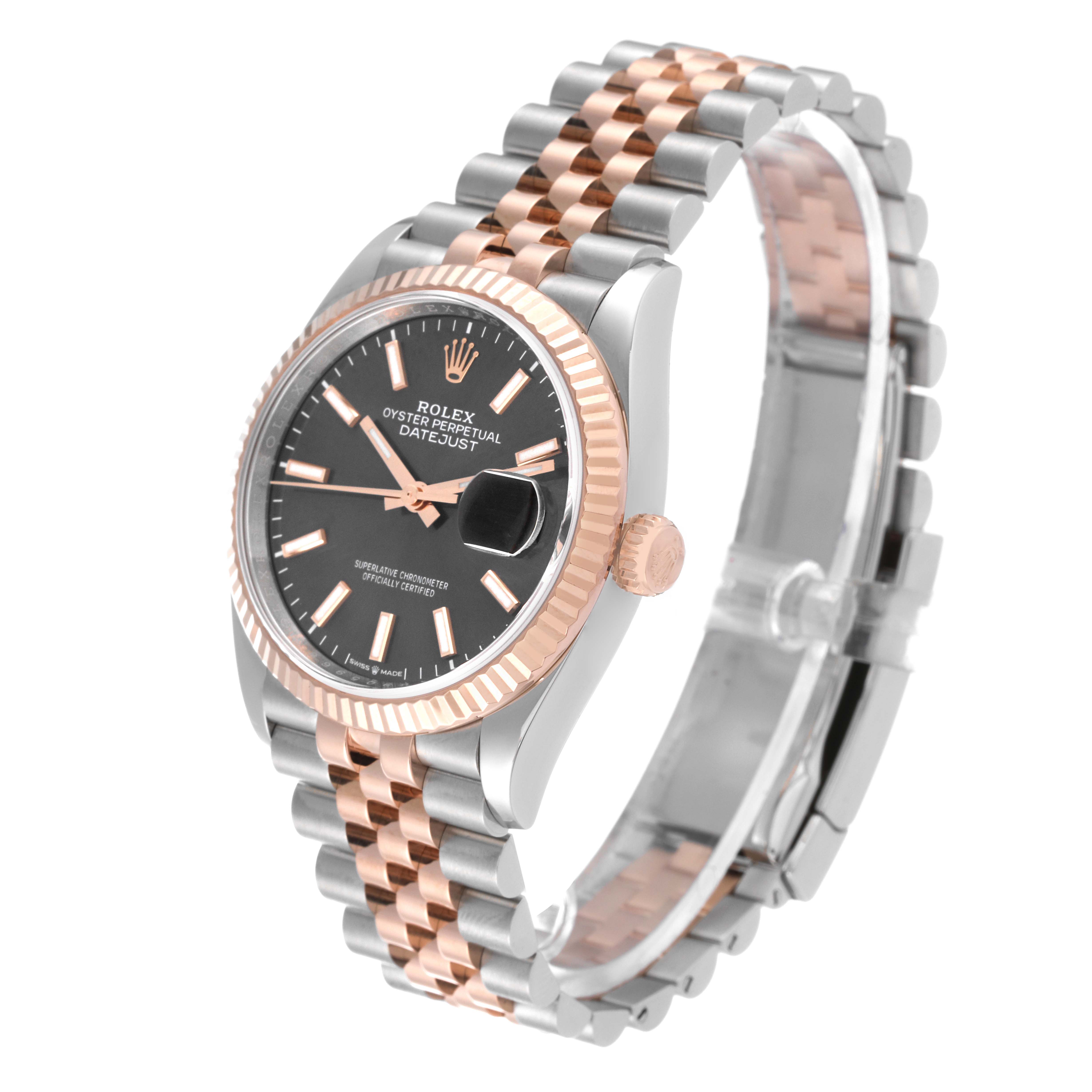 The Rolex Datejust 126231 Men's Steel and Gold (two tone) Grey Dial 126231 Men's Steel and Gold (two tone) Grey Dial watch is shown at a slight angle, highlighting the face, bezel, crown, and Jubilee bracelet.