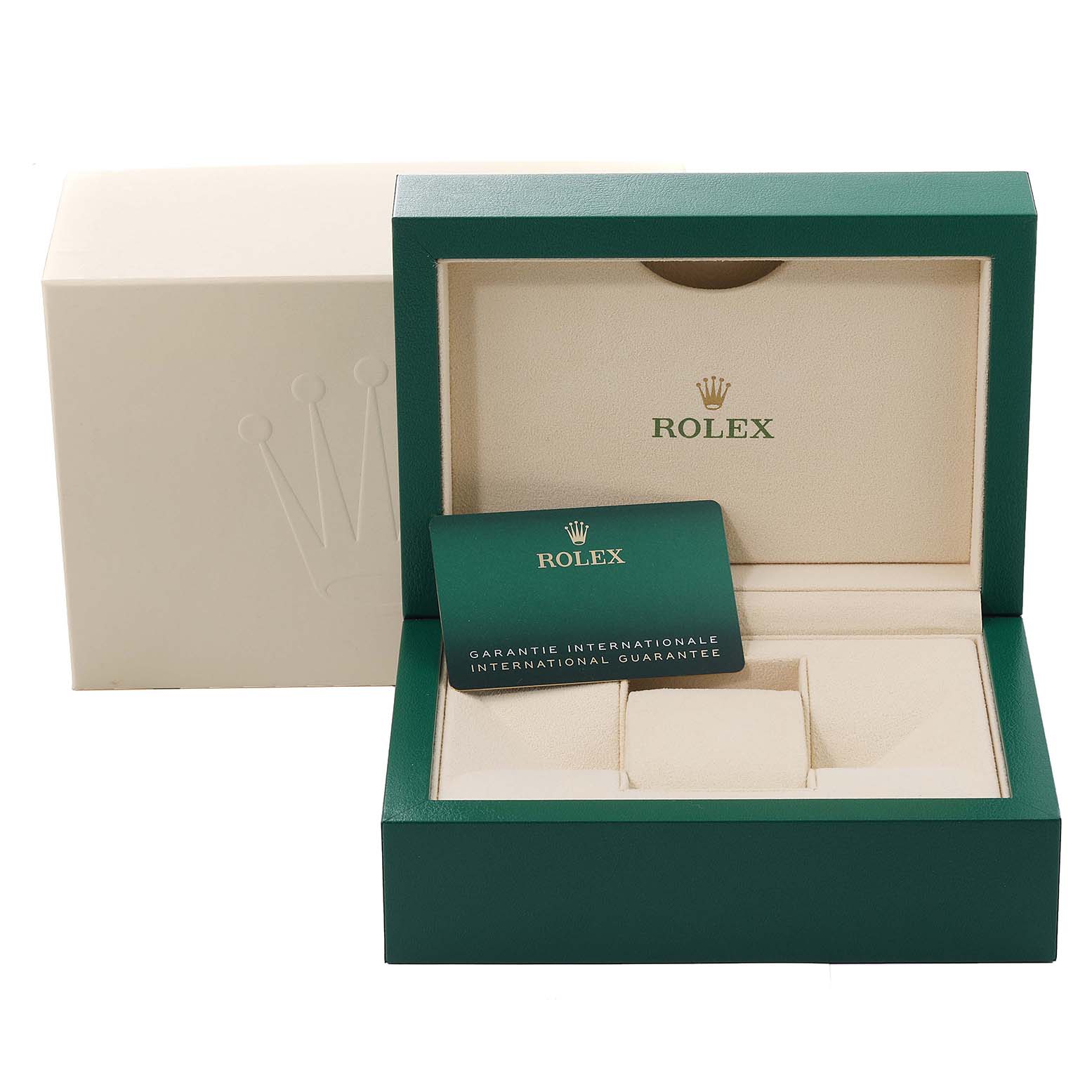 The image shows an open green Rolex Datejust 126231 Men's Steel and Gold (two tone) Grey Dial 126231 Men's Steel and Gold (two tone) Grey Dial watch box with a guarantee card inside.